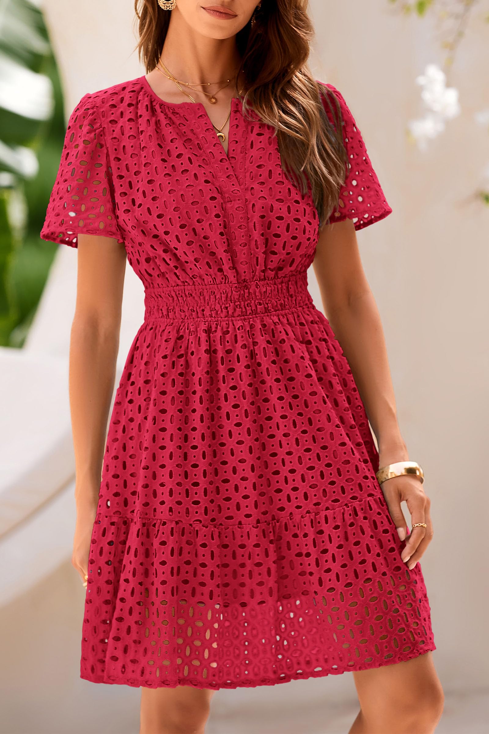 Women's Summer Eyelet Lace Short Dresses (Red,S)