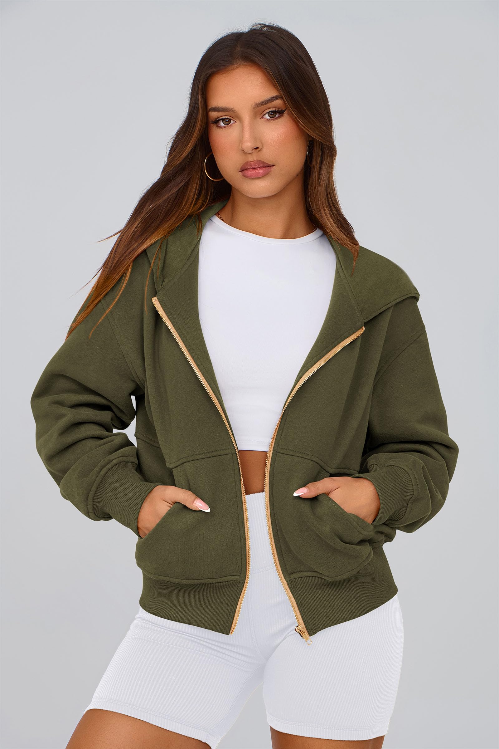 Hoodies for Women Fall Fashion Zip Up Fleece Plain Sweatshirt