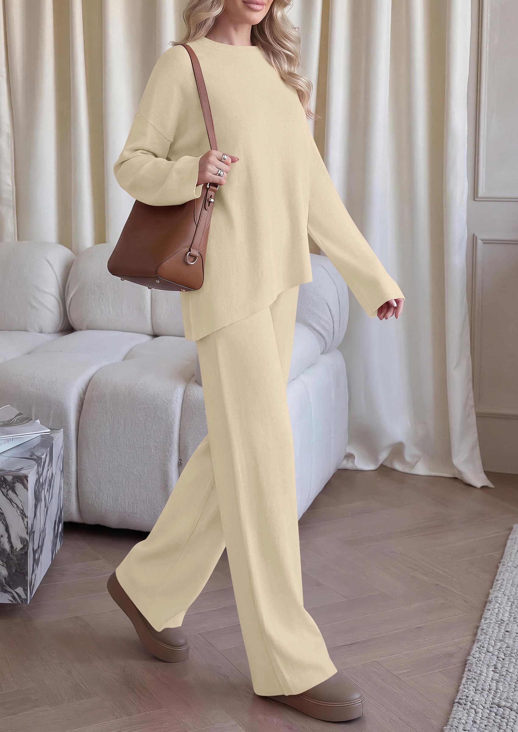 Womens Fall 2 Piece Asymmetric Cozy Sweater Travel Lounge Sets