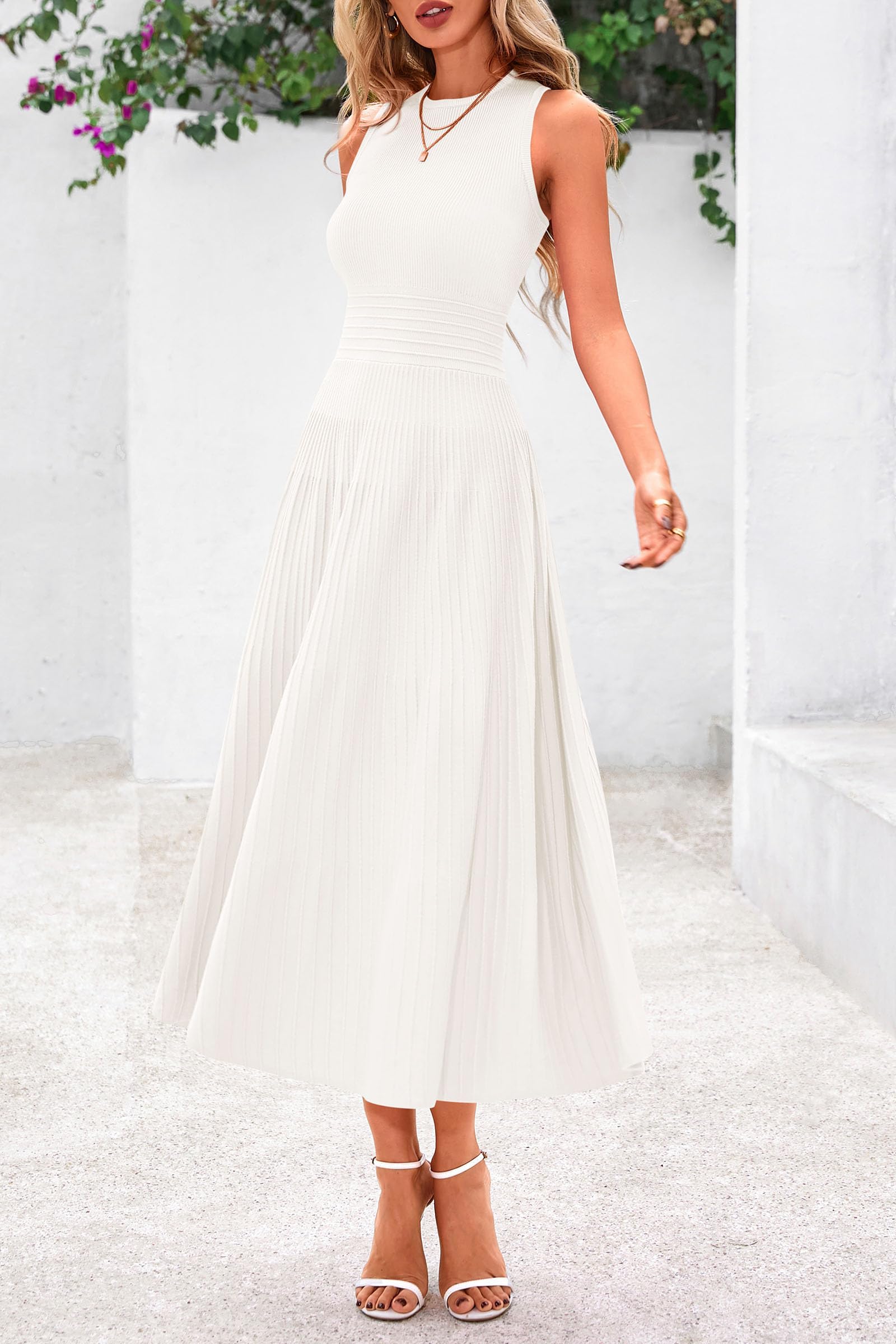 Women's Summer Pleated Midi Work Dress,White,S