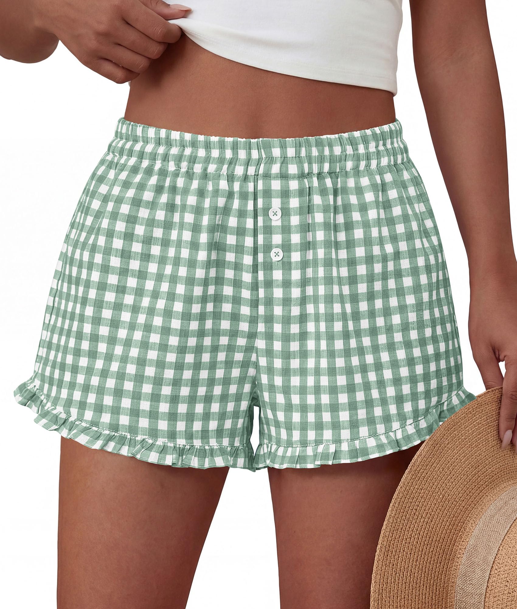 Womens Boxer Shorts Striped Gingham Ruffle Pajama Bottoms
