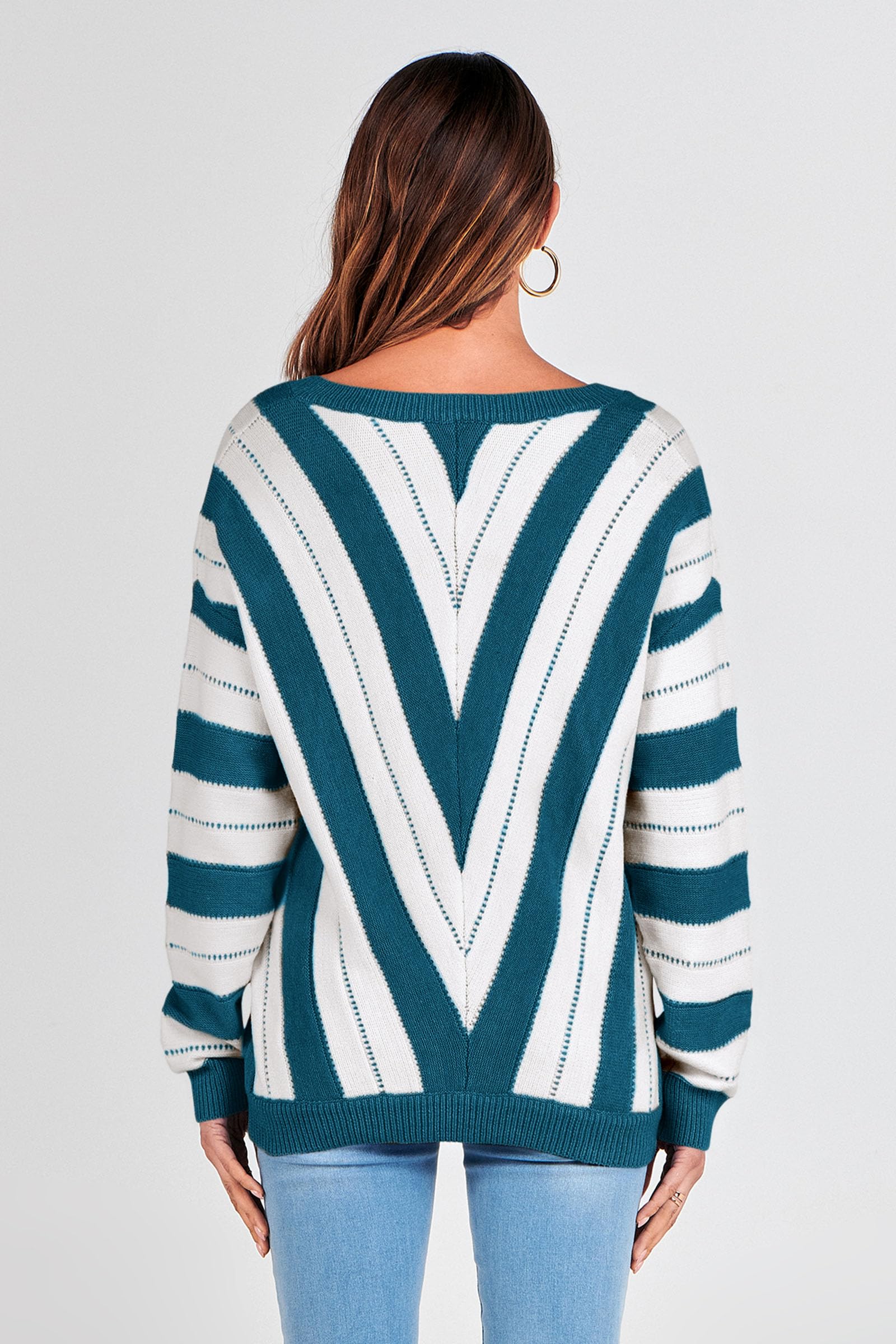 Women's V Neck Striped Knit Pullover Sweater