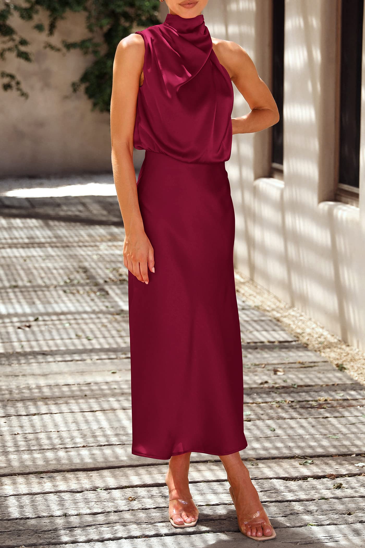 Women's Summer Satin Maxi Cocktail Dress Deep Red