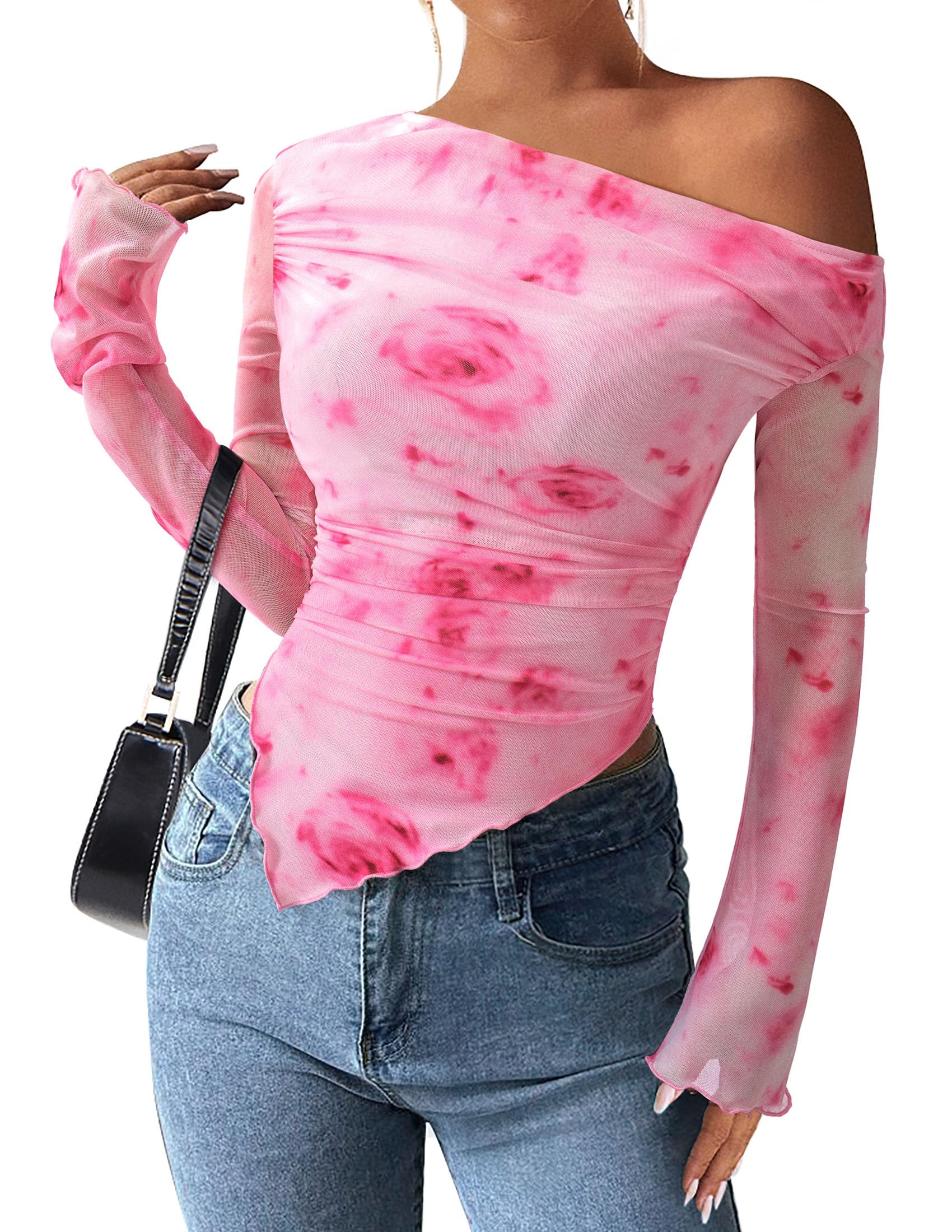 Womens Off Shoulder Mesh Y2k Tops,Floral Pink Red,XS