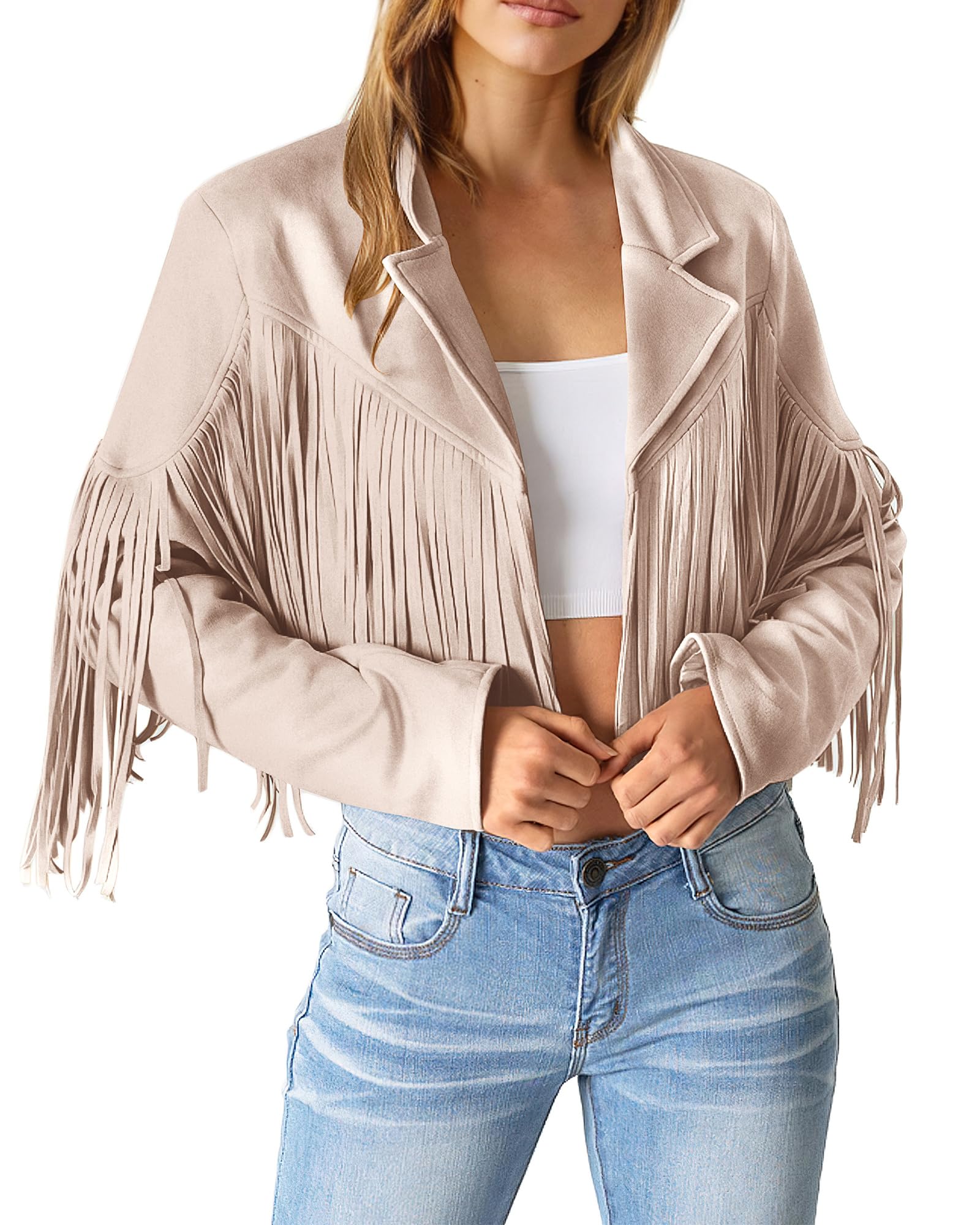 Women's Fringe Faux Suede Leather Jackets,Beige Apricot,S