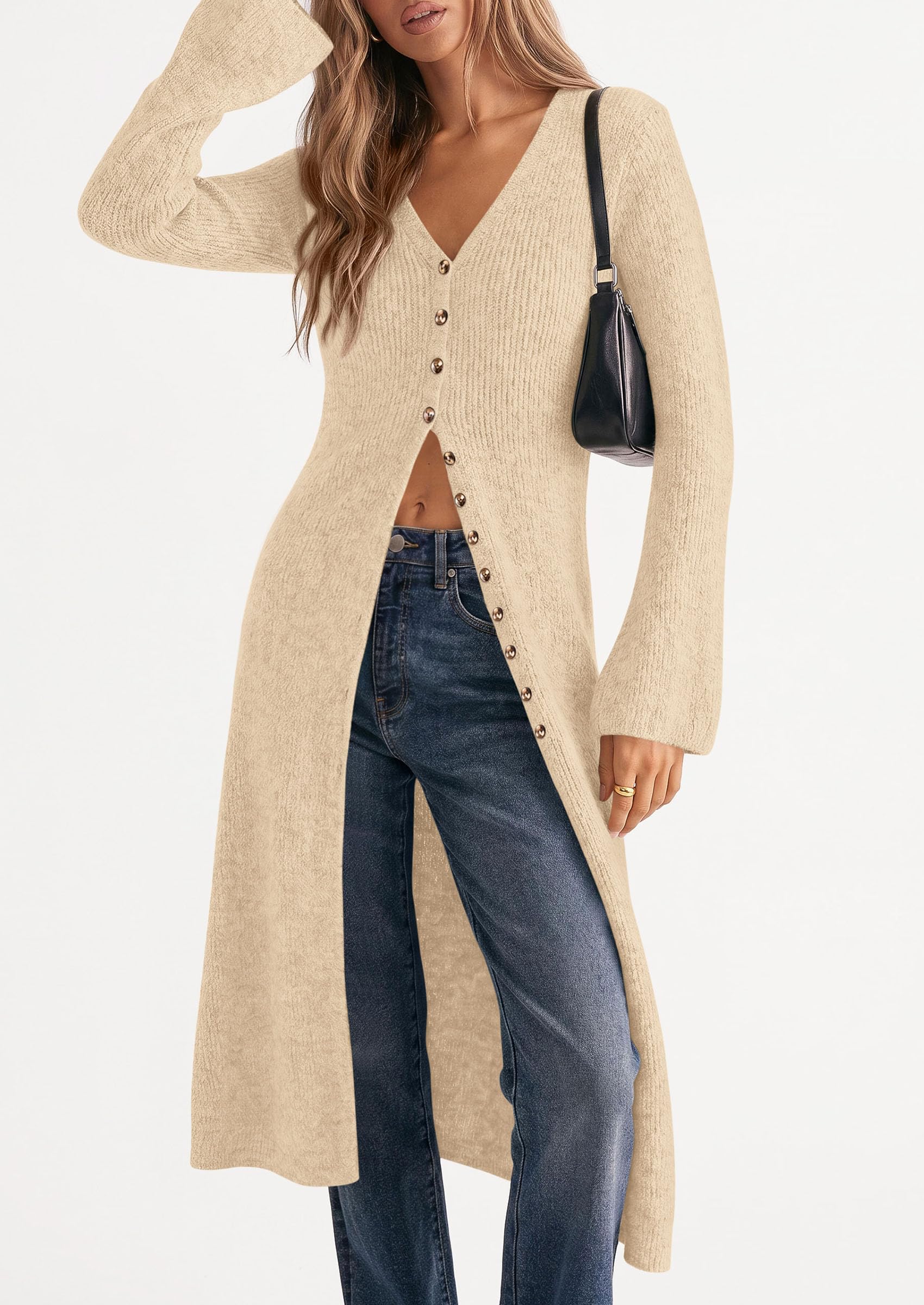 Women Long Cardigan Bell Sleeve Sweater Dress (Beige,S)