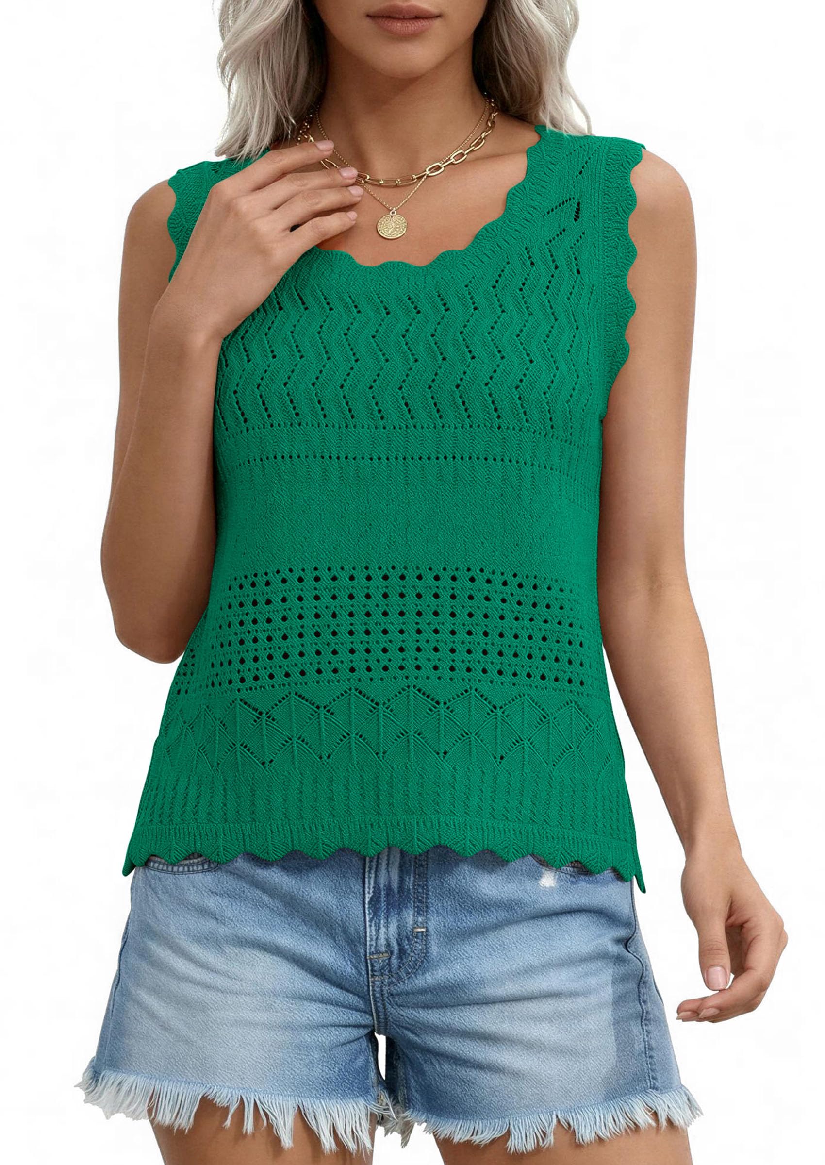 Womens Crochet Tank Tops Knit Sleeveless Vest,Green,S