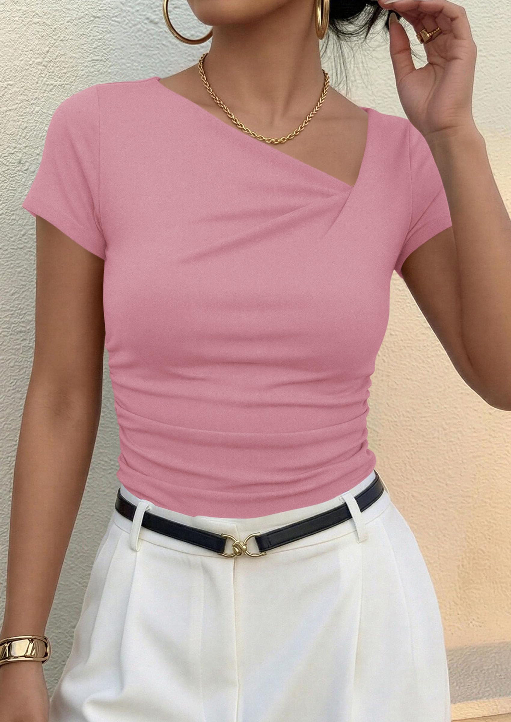 Women's Summer Trendy Asymmetrical Y2K Tops (Pink,S)