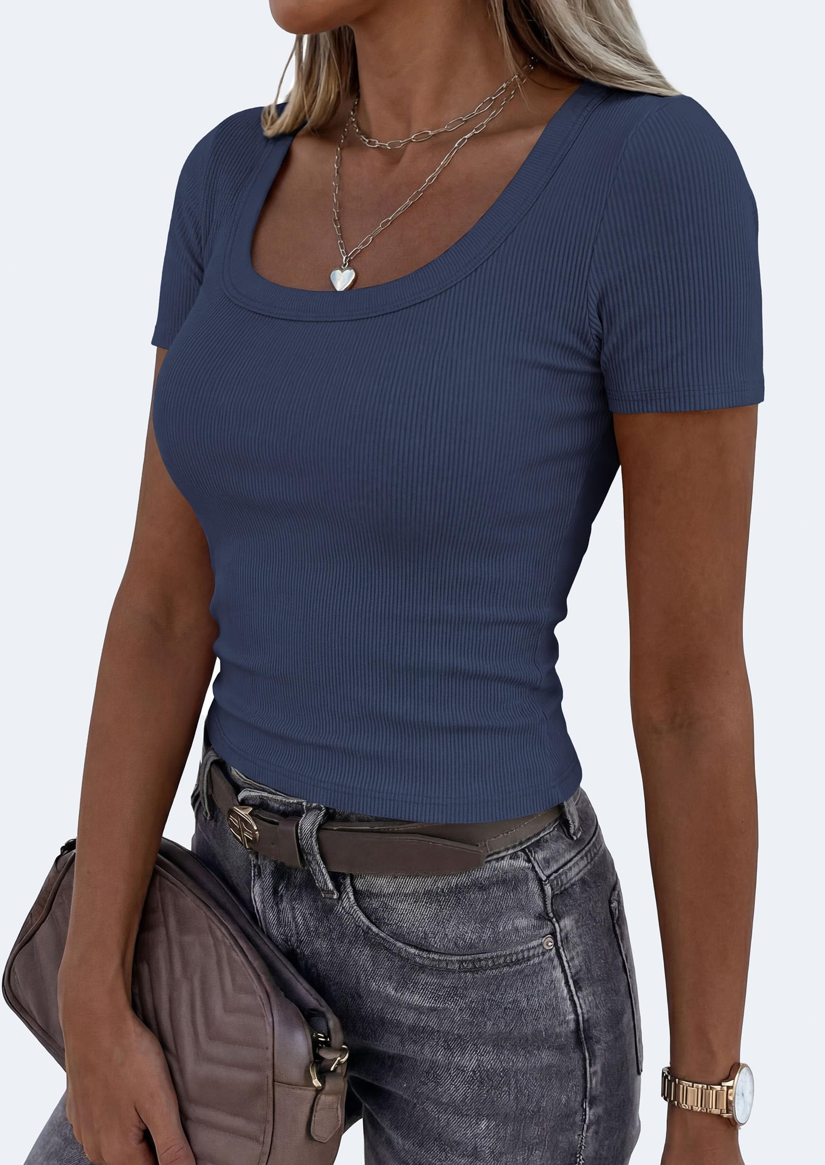 Womens Summer Short Sleeve Scoop Neck Tops,Dark Blue,M