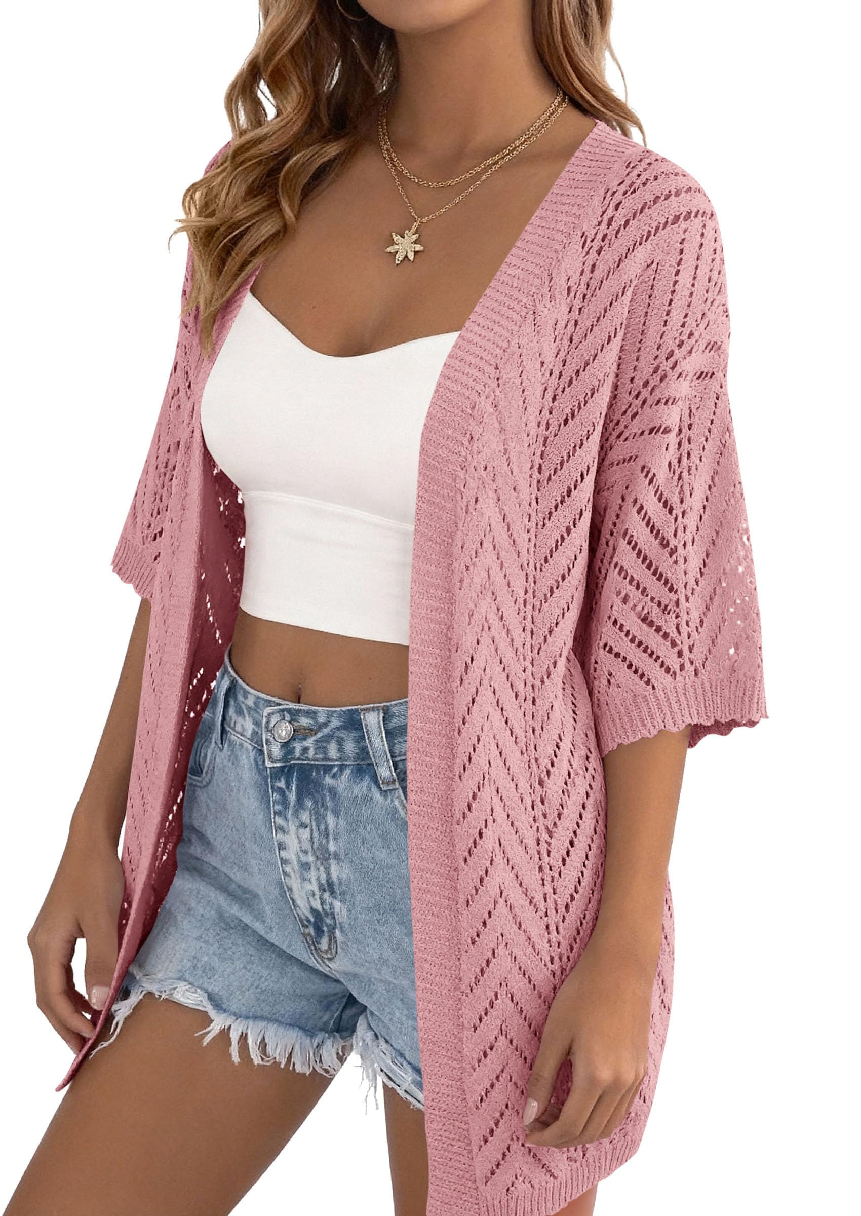 Women Lightweight Summer Short Sleeve Cardigan, Pink,S