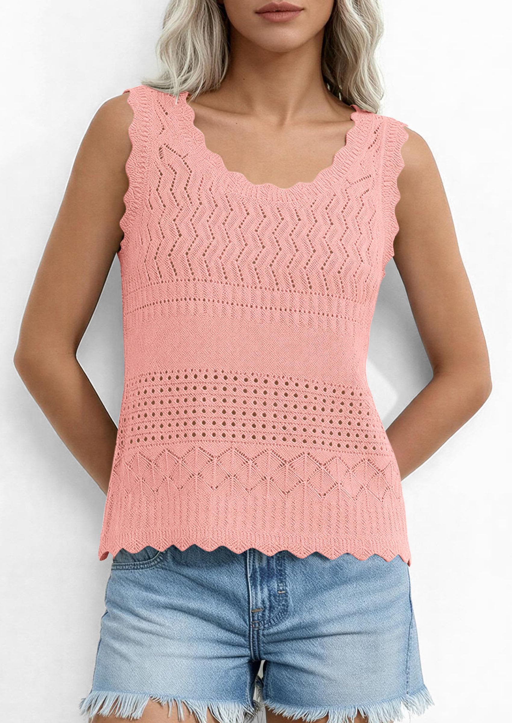 Womens Crochet Tank Tops Knit Sleeveless Vest,Pink,S