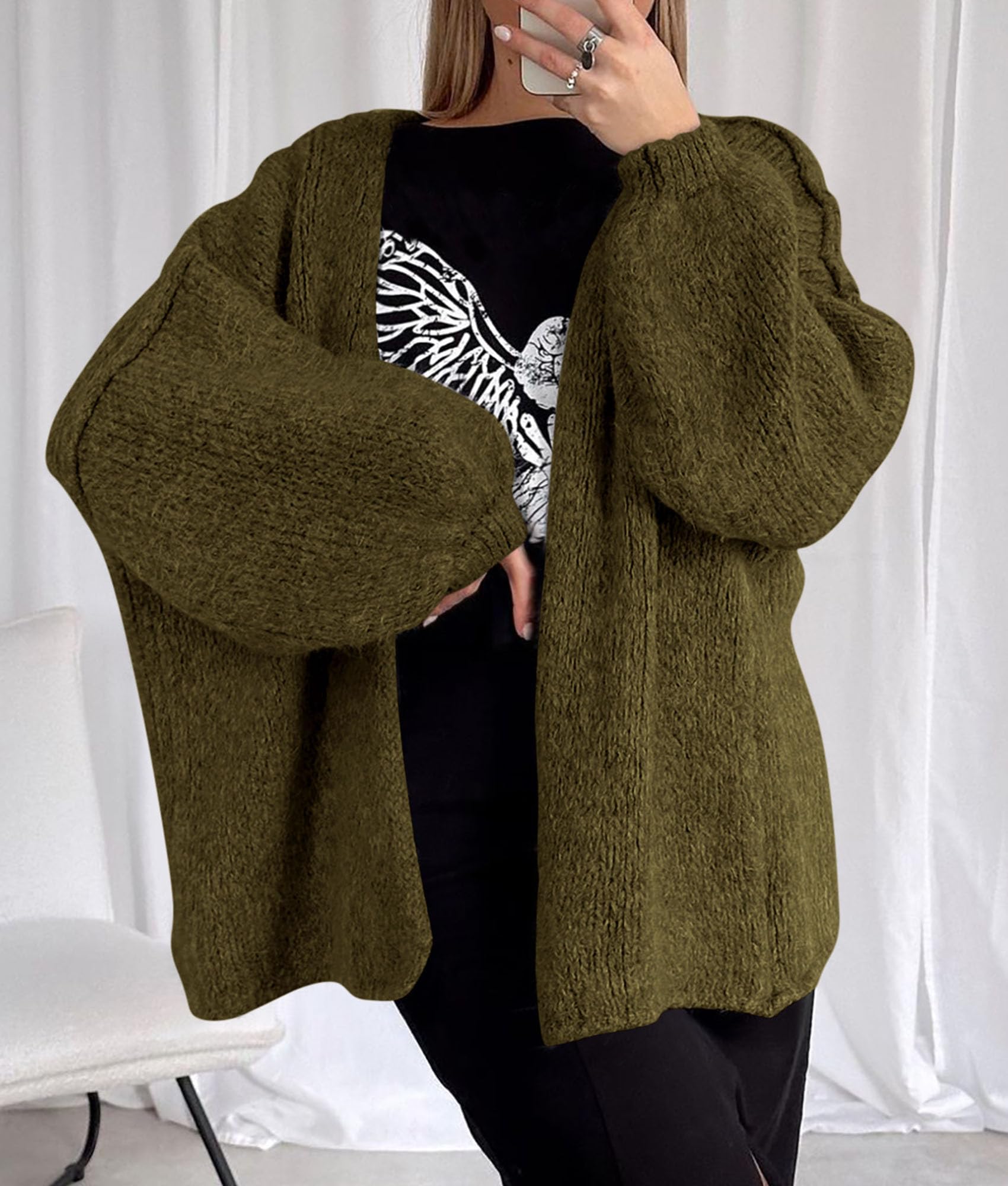 Womens Open Front Oversized Cardigan Sweaters,Army Green,XS