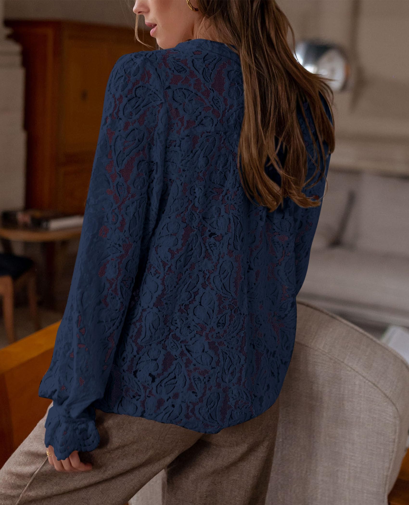 Women's Fall Trendy Long Sleeve Lace Tops(Navy,Small)