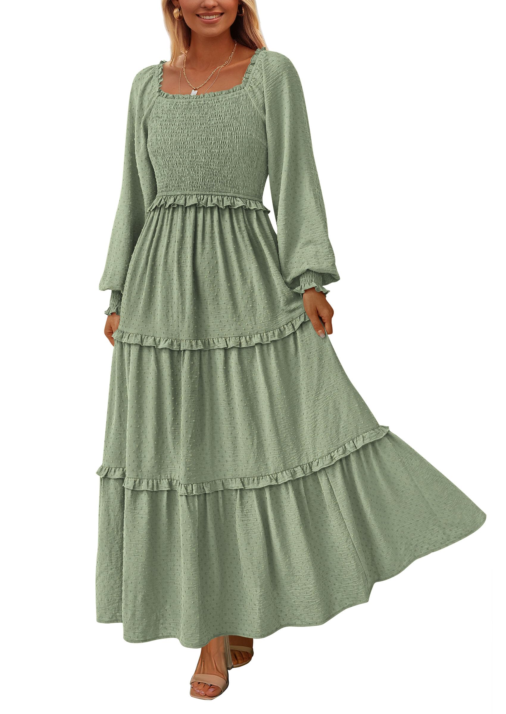 Women's Smocked Long Sleeve Maxi Dress Wedding Guest Dresses
