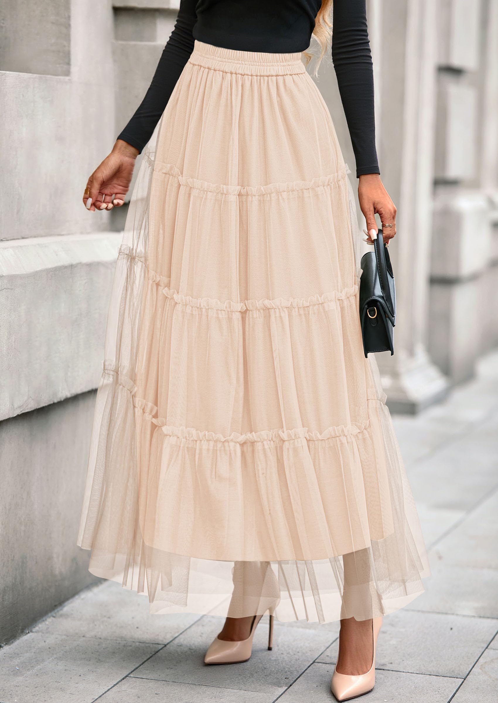 Women's Fall Soft Tulle Tiered Long Skirt,Beige,S