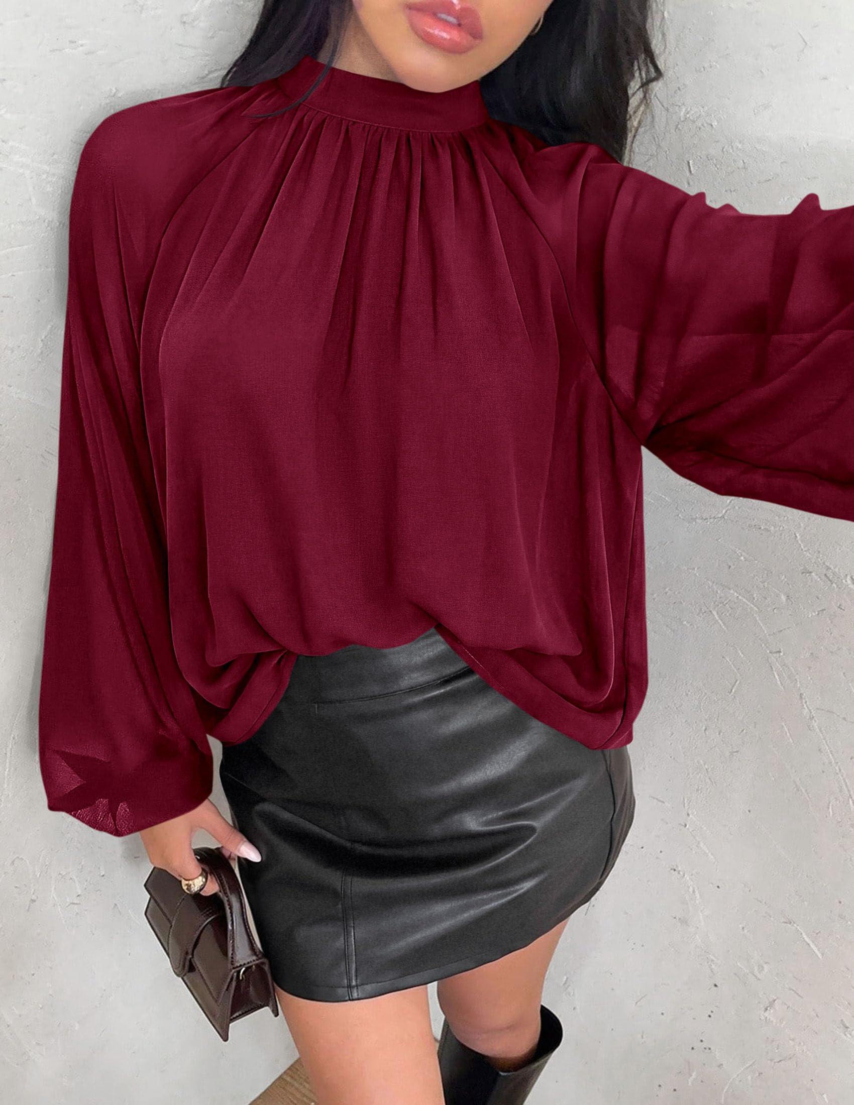 Chiffon Blouses for Women Dressy Casual Mock Neck Tops