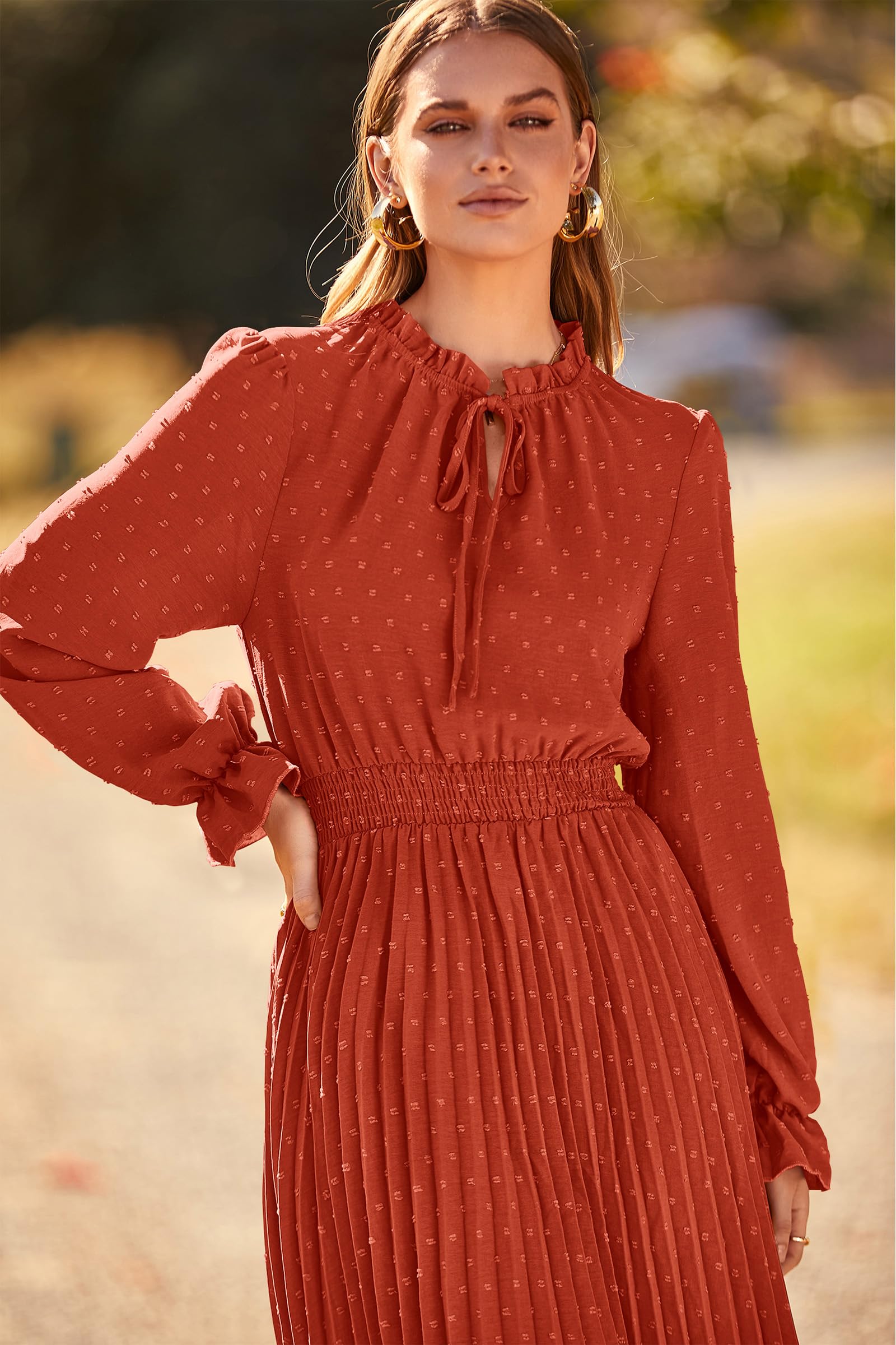 Women's Fall Midi Wedding Guest Dress(Brick Red,Small)