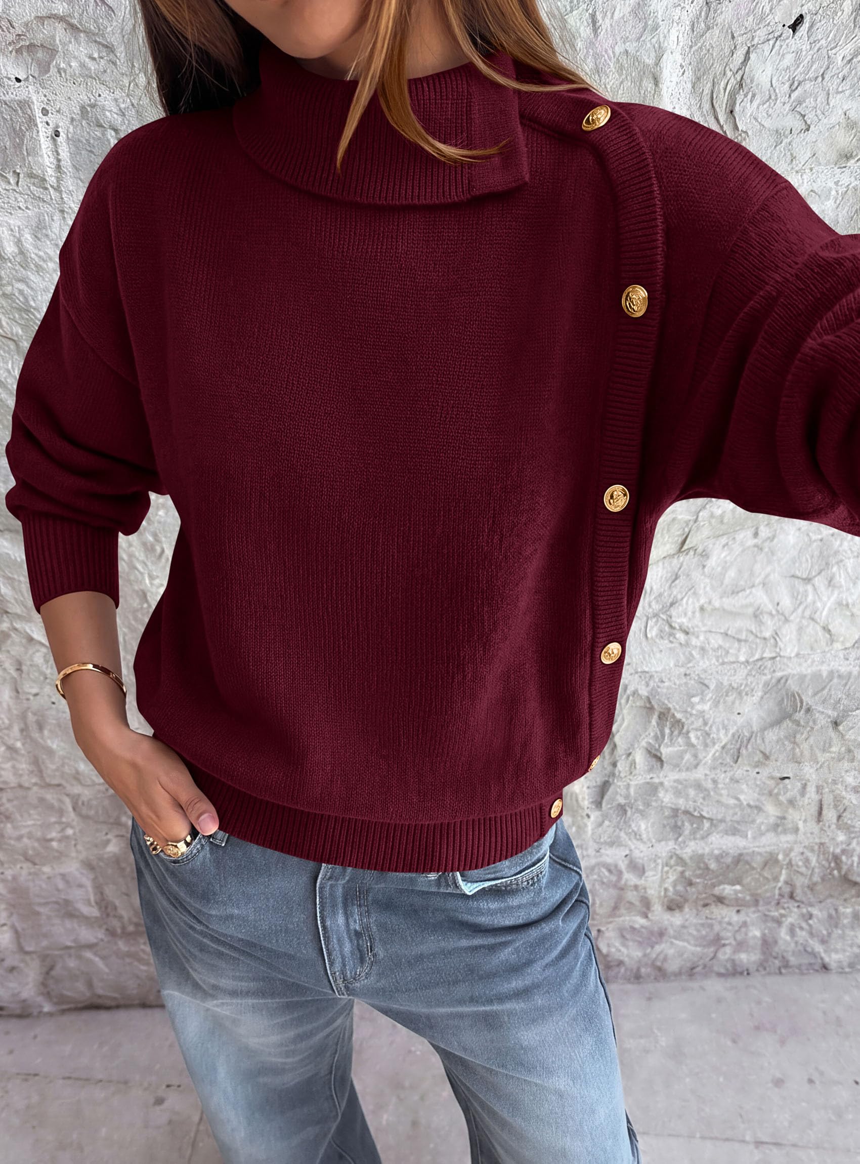 Womens Turtleneck Sweater Pullover Side Button Fall Clothes