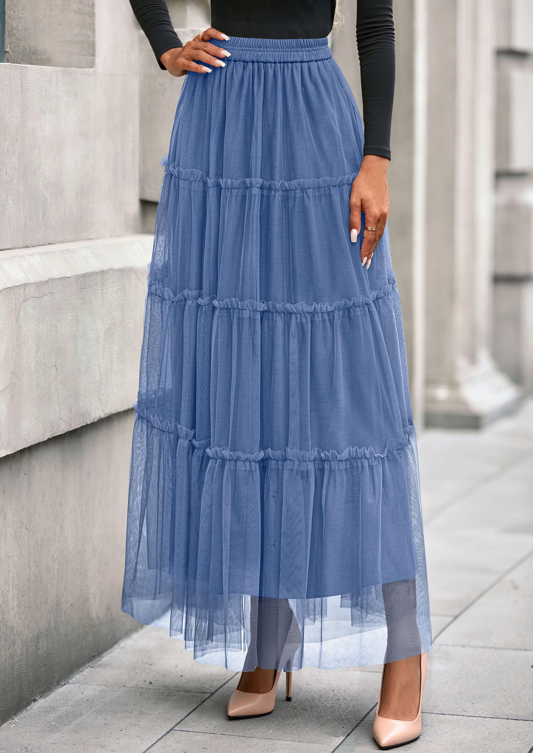 Women's Fall Soft Tulle Tiered Long Skirt,Grey Blue,S