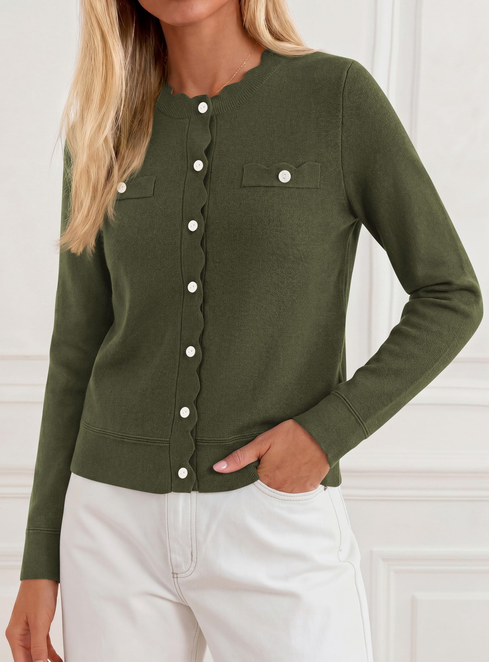 Womens Lightweight Cardigan Sweaters Scalloped Trim Fall Tops