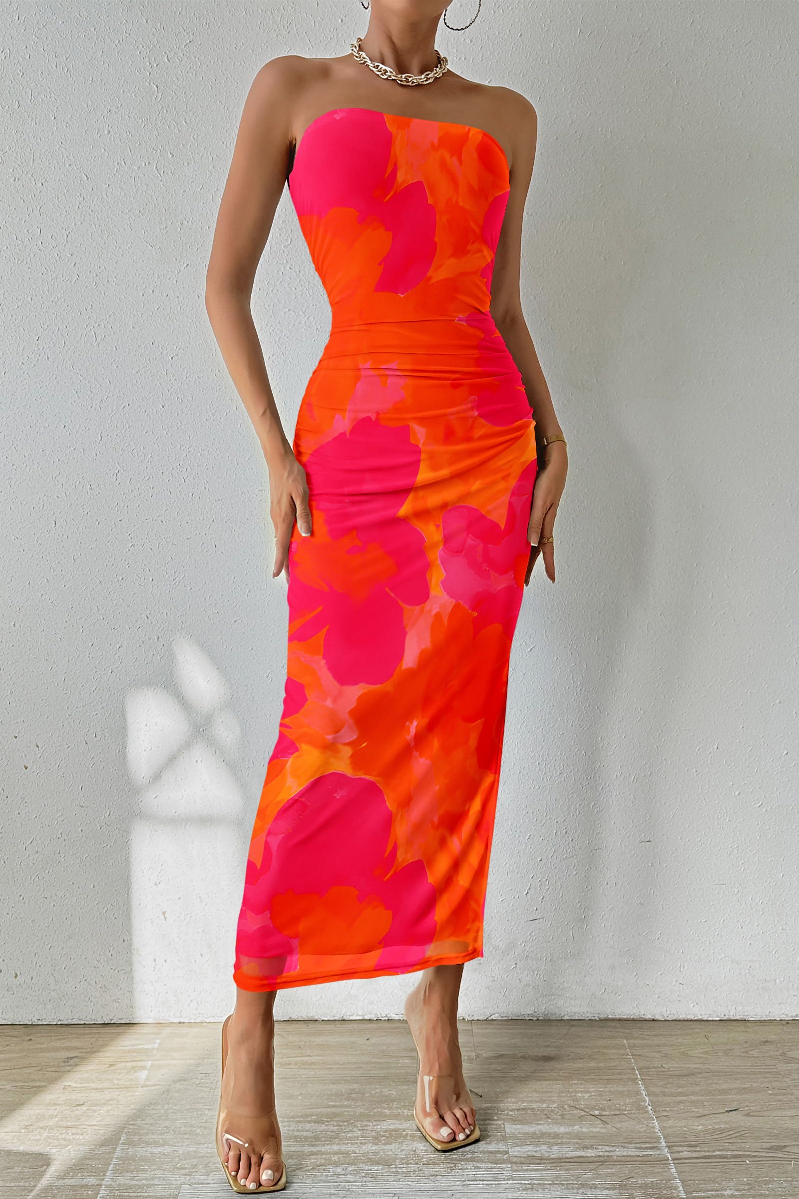 Womens Strapless Bodycon Maxi Dress, Orange Red Big Floral,S