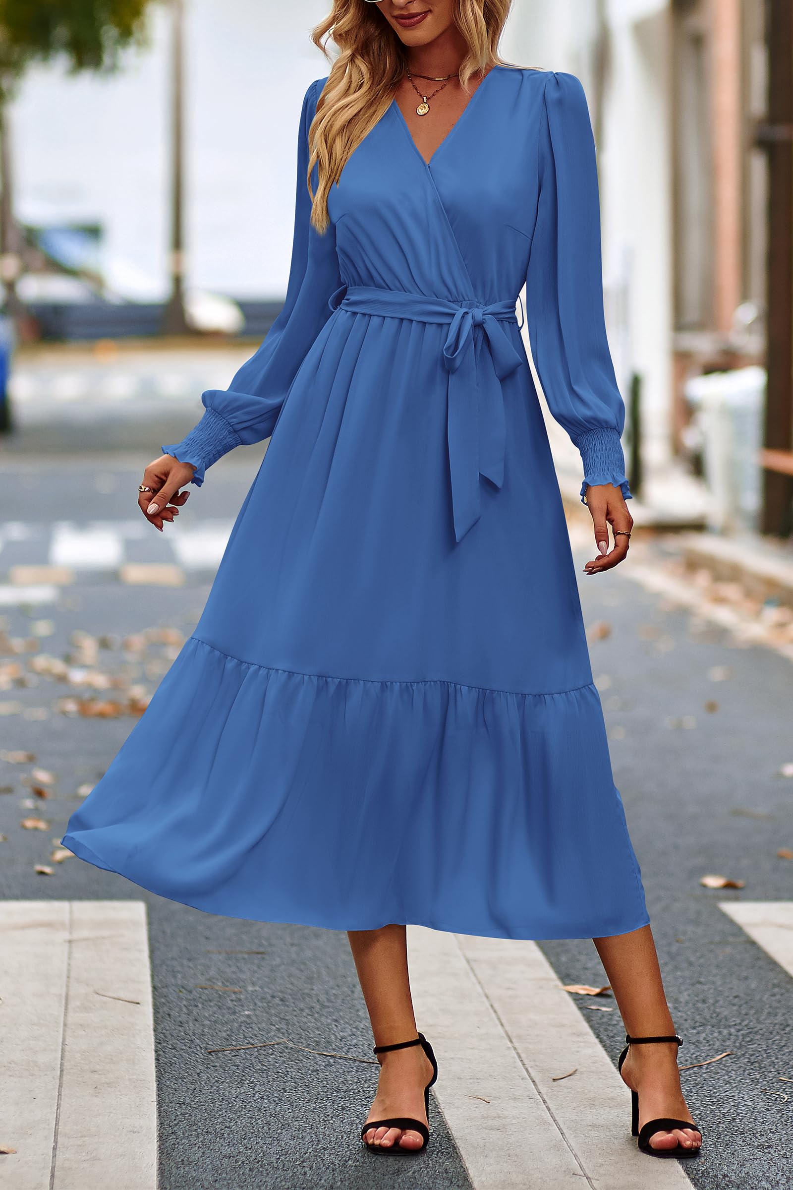Women's Boho Long Sleeve Maxi Dress, Solid Dark Bule,S