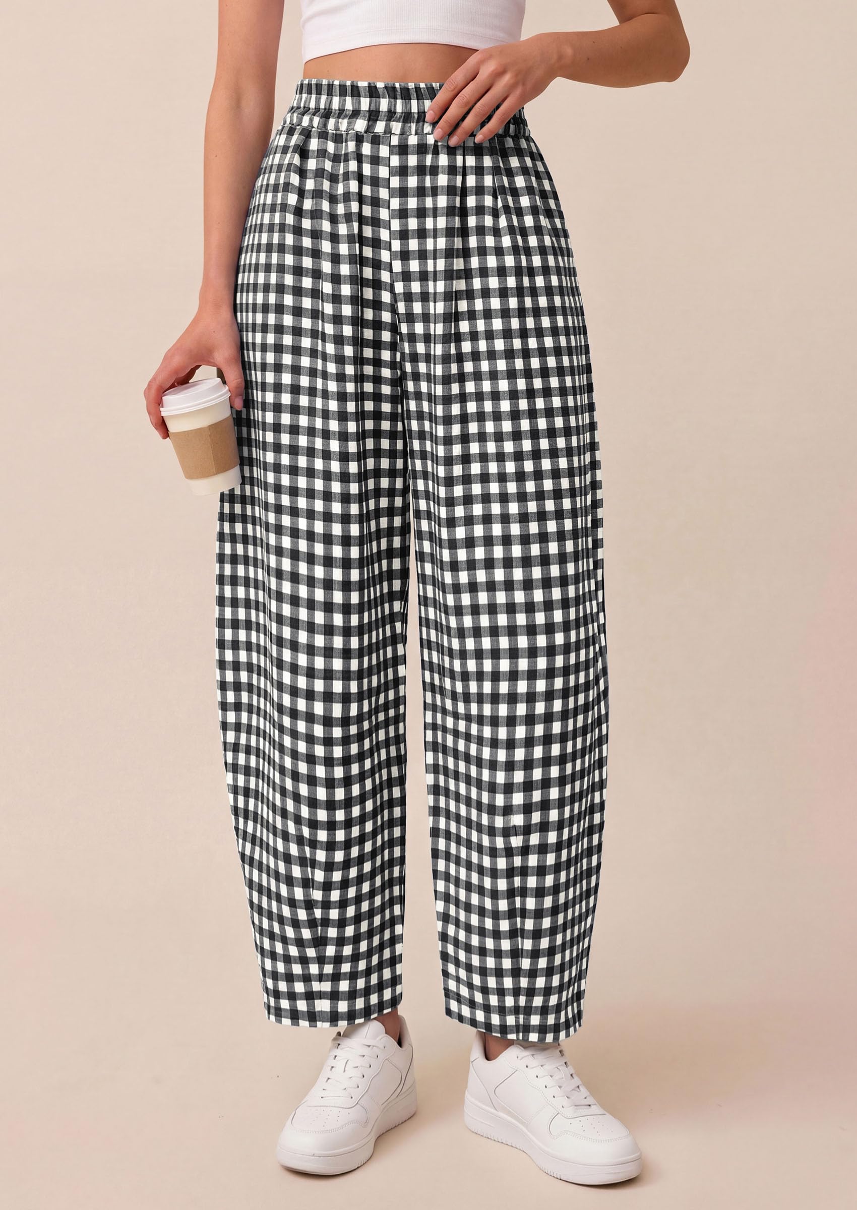 Plaid Barrel Pants Women Summer Bottoms, Black Plaid,L