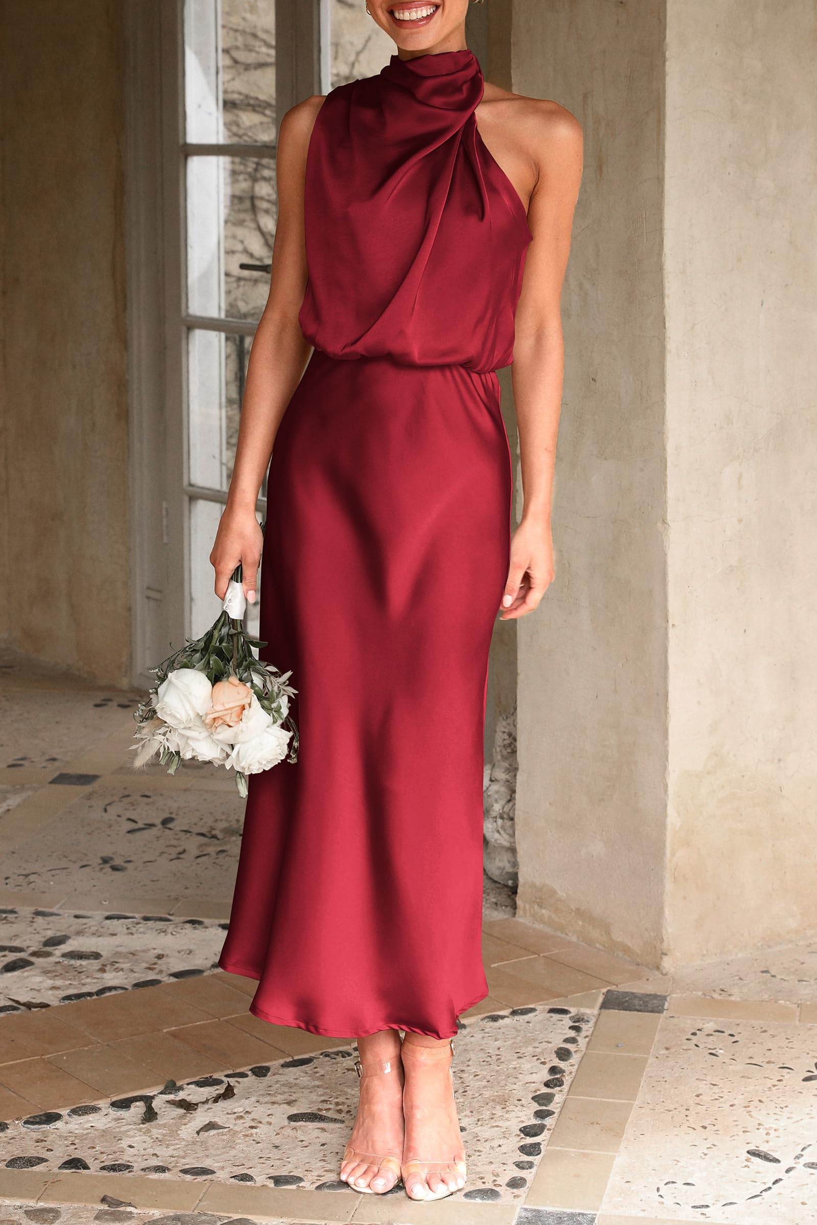 Women's Summer Satin Maxi Cocktail Dress Dark Wine Red