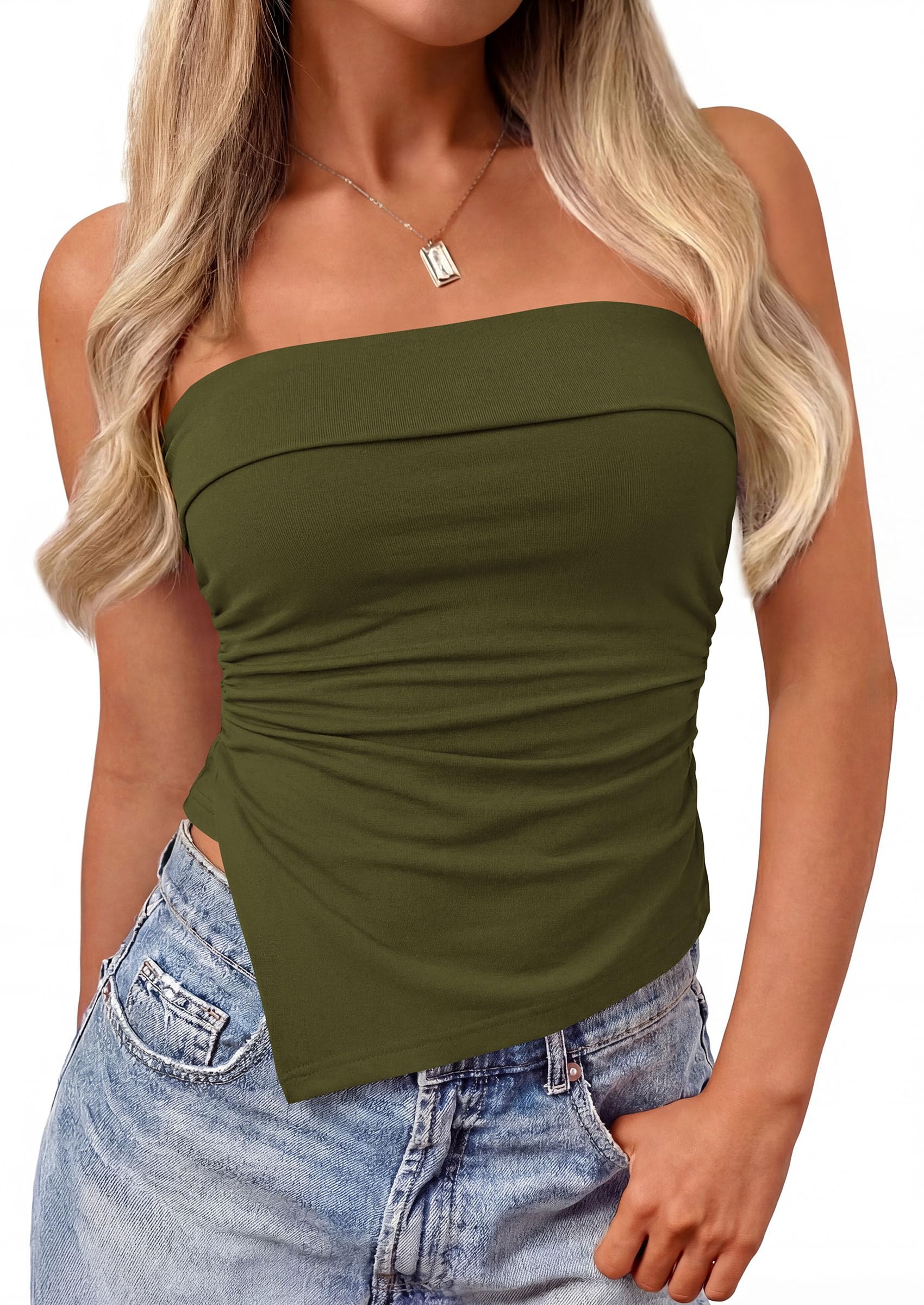 Going Out Tube Tops for Women Trendy Summer, Army Green,XS