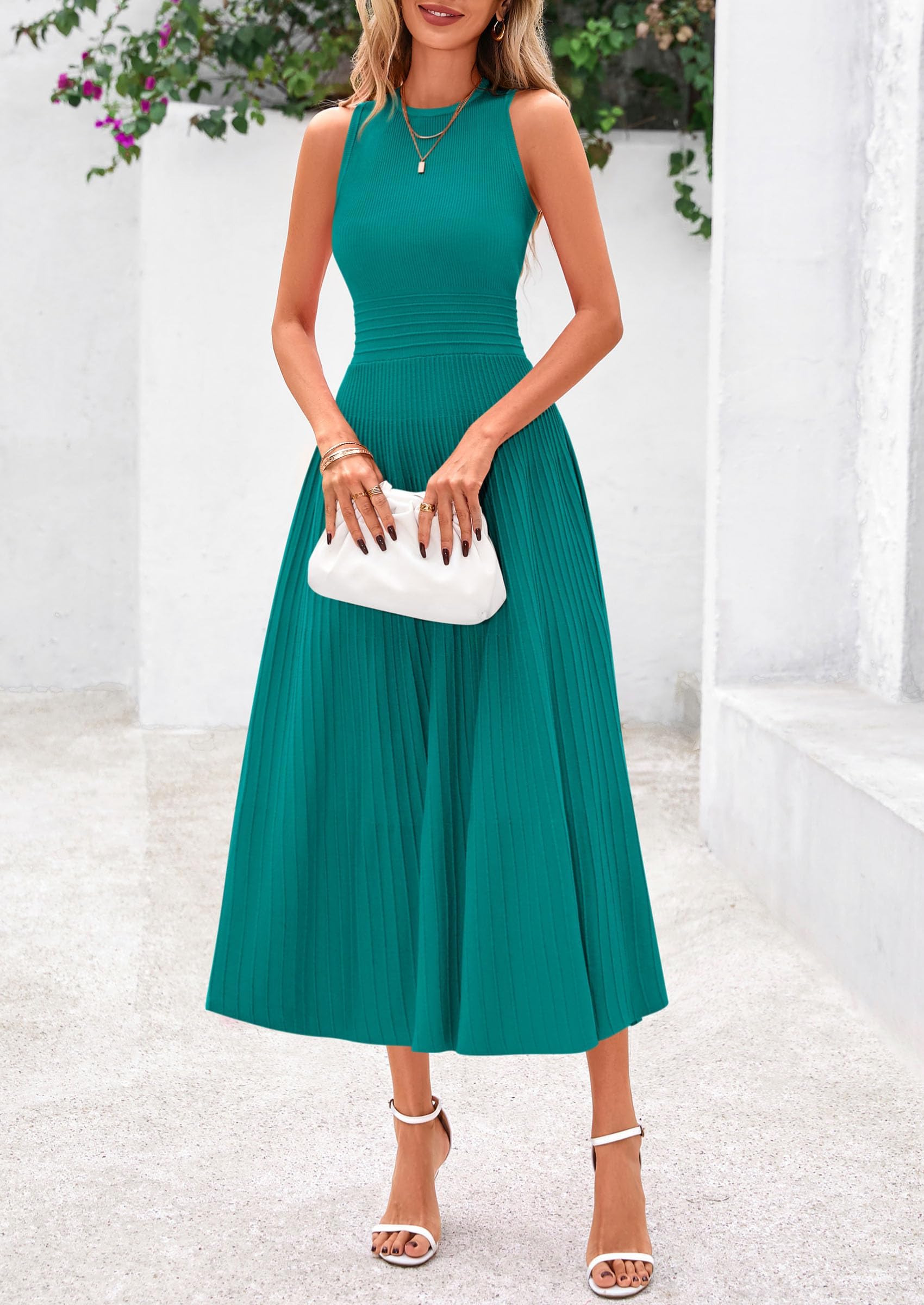 Women's Summer Pleated Midi Work Dress,Blue Green,S