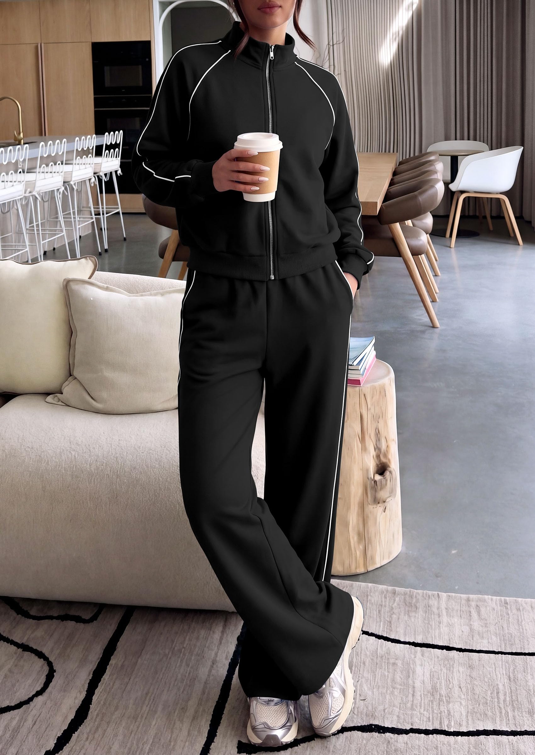 Women's 2 Piece Sweat Set Casual Fall Outfits,Black,S