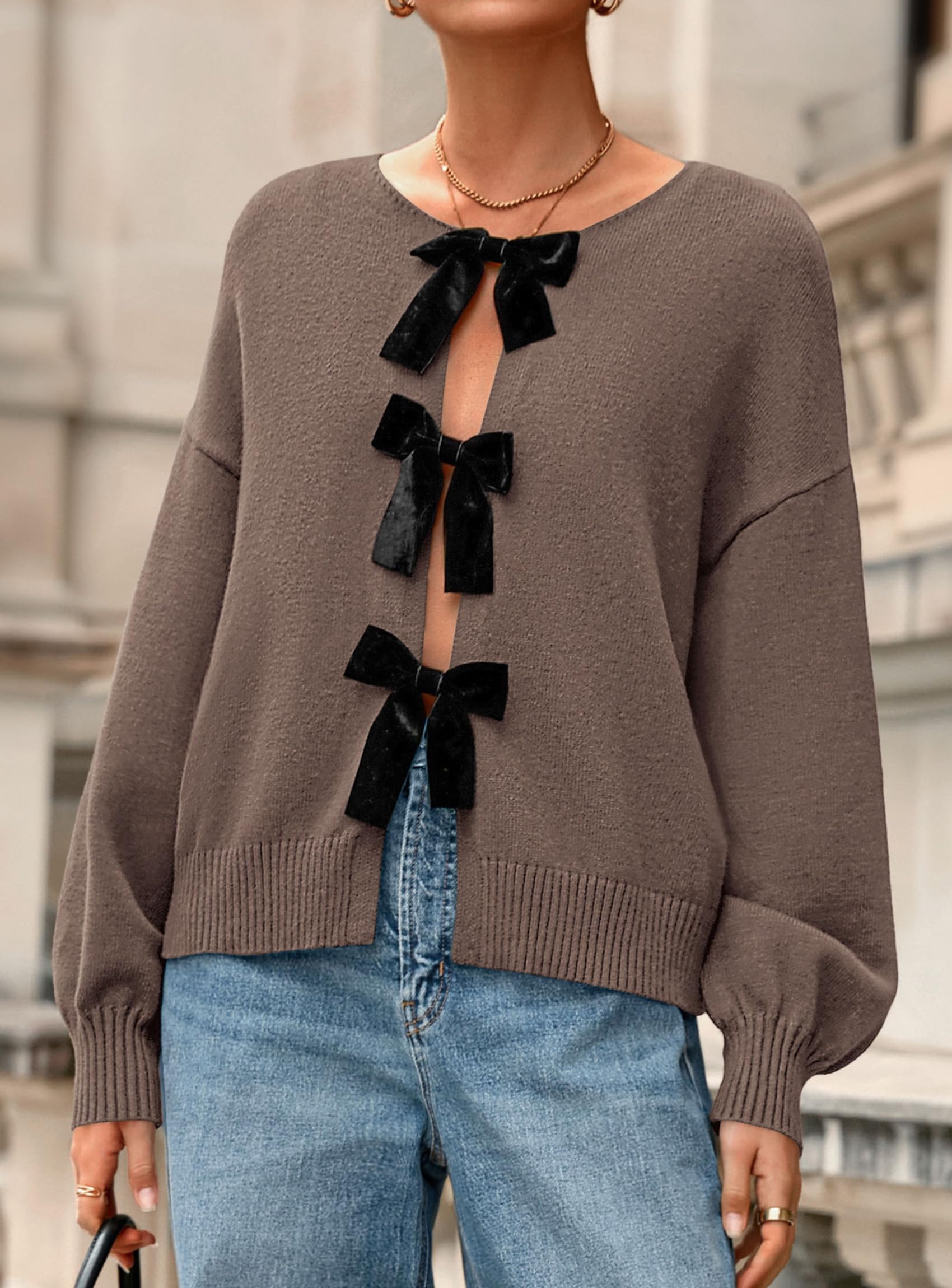 Women's Fall Bow Tie Front Cardigan Sweaters,Coffee,S