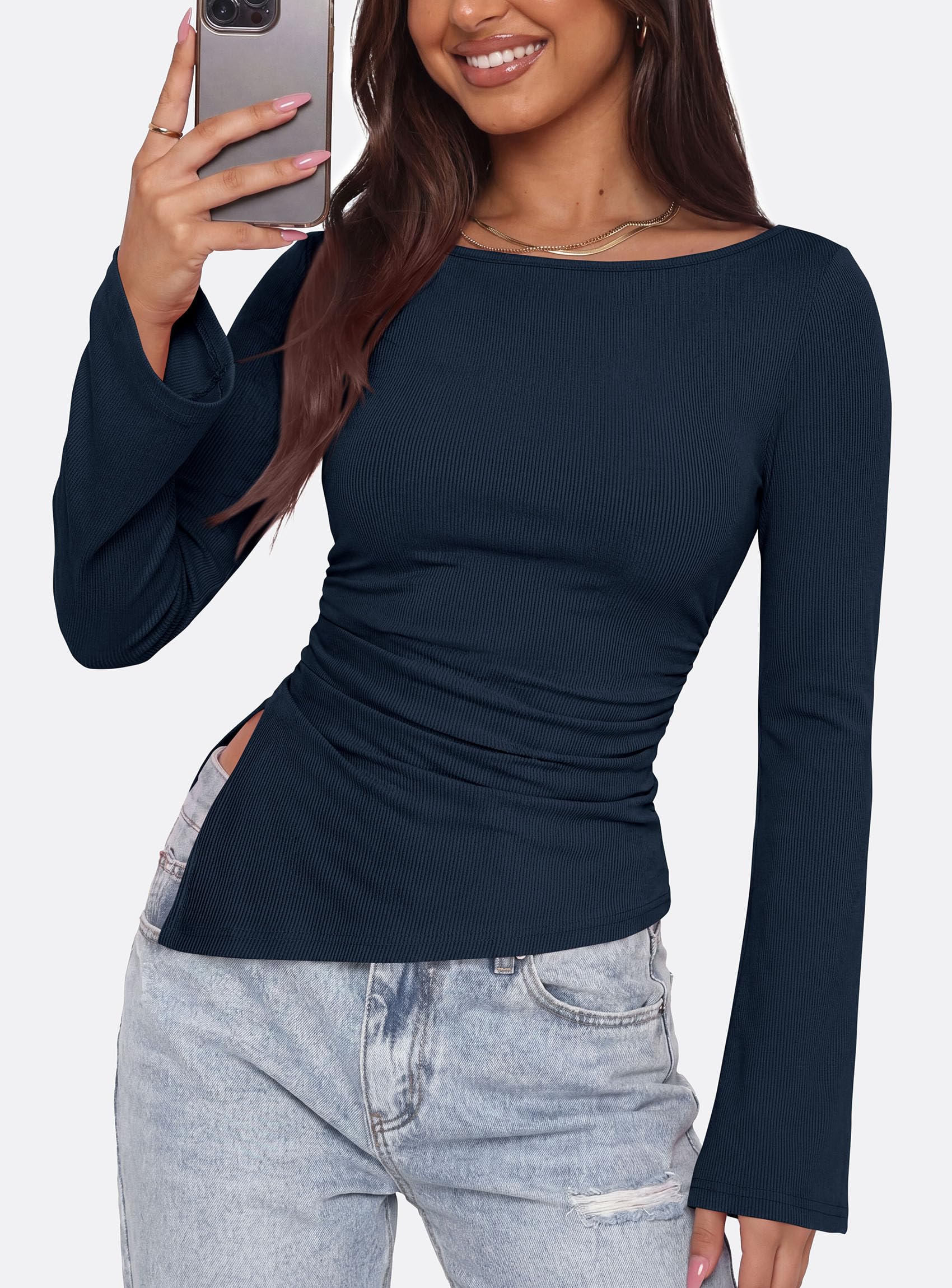 Womens Bell Long Sleeve Boat Neck Asymmetrical Tops Navy,XS