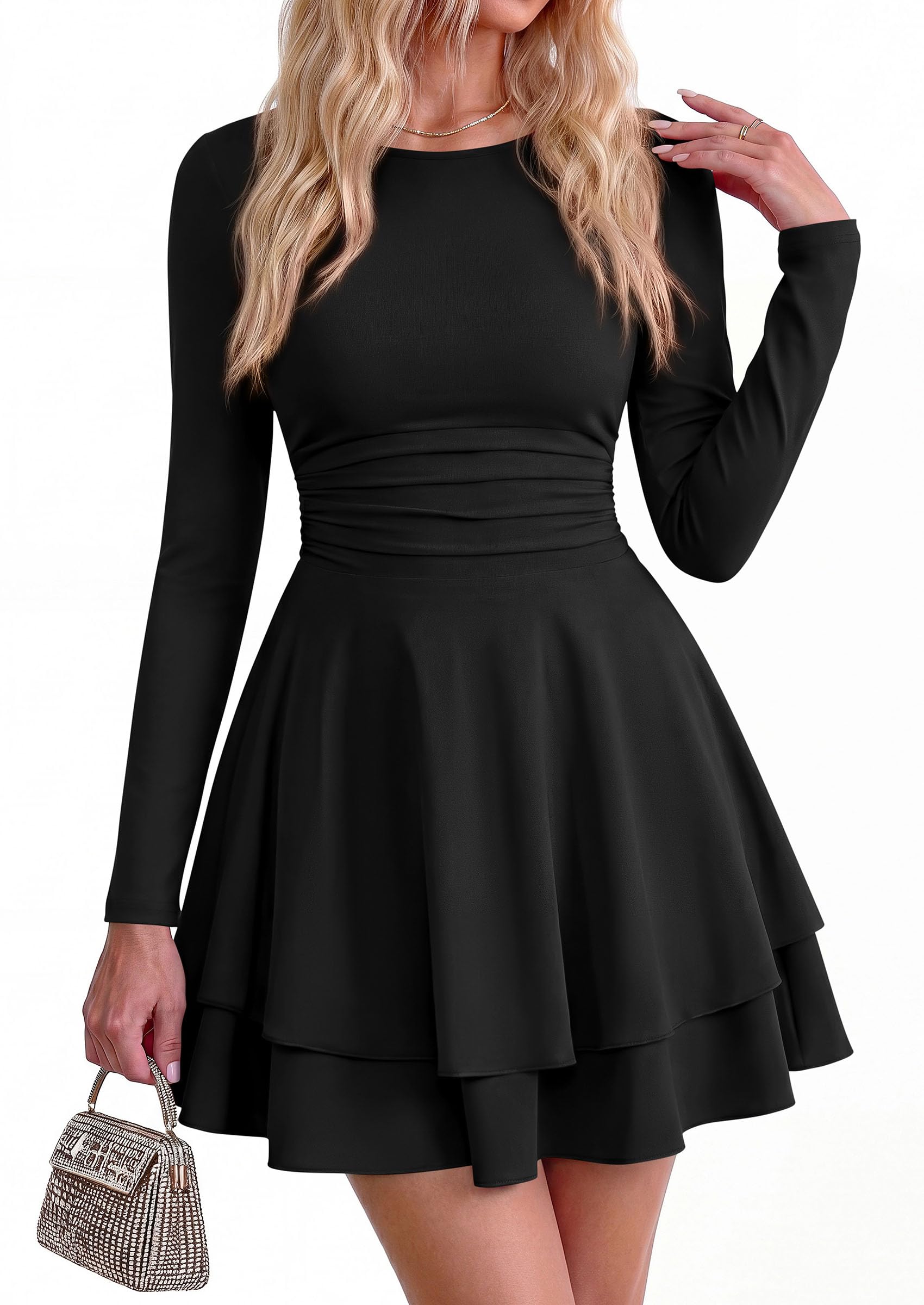 Womens Fit and Flare Crewneck Long Sleeve Mini Dress Black,S