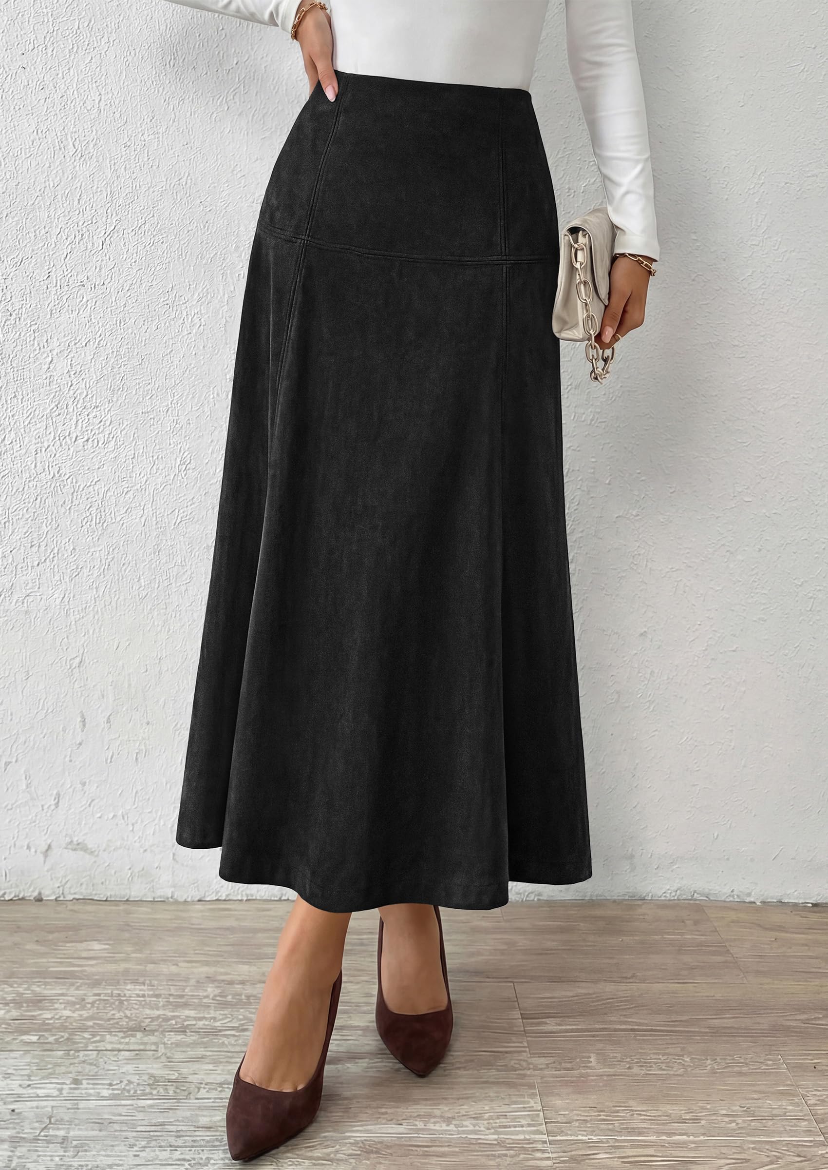 Womens High Waist Faux Suede A Line Midi Skirt,Black,S