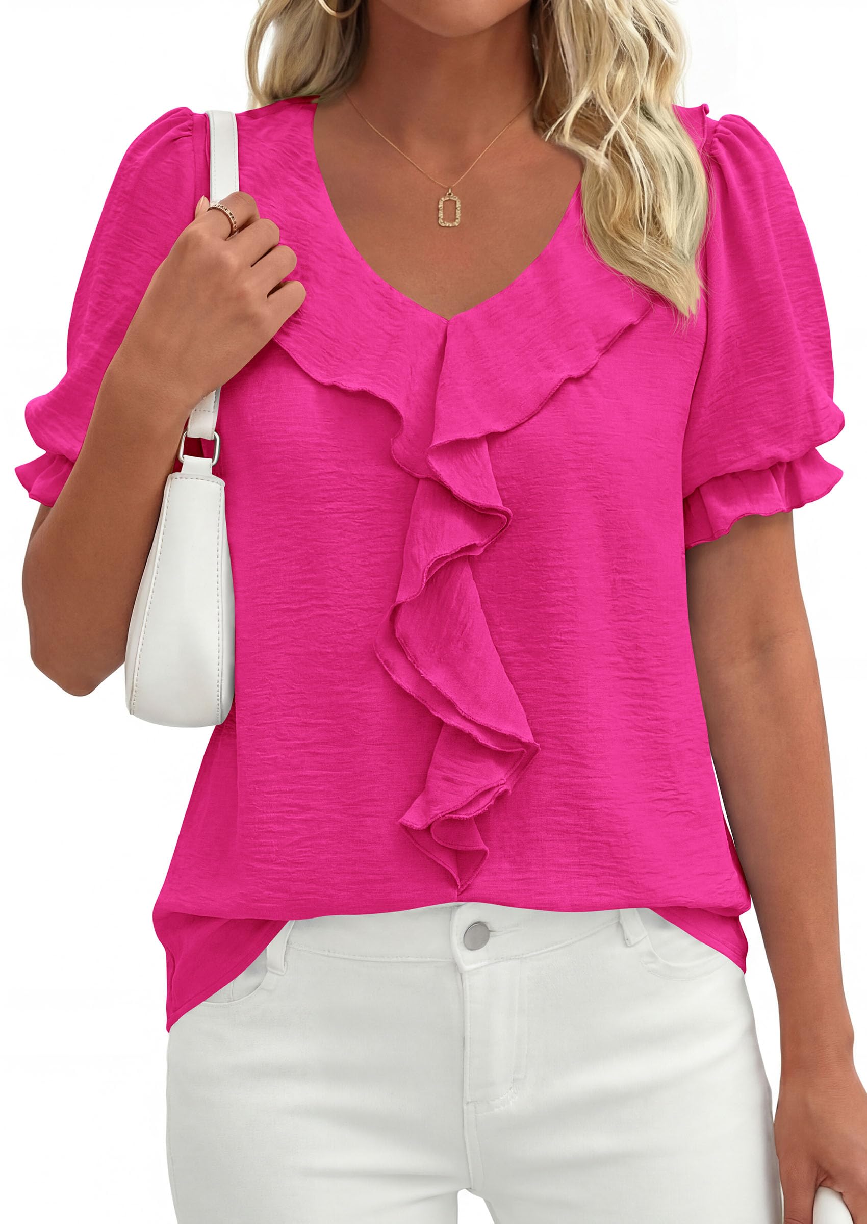 Women's Summer Ruffle Dressy Casual Blouses (Rose Red,S)