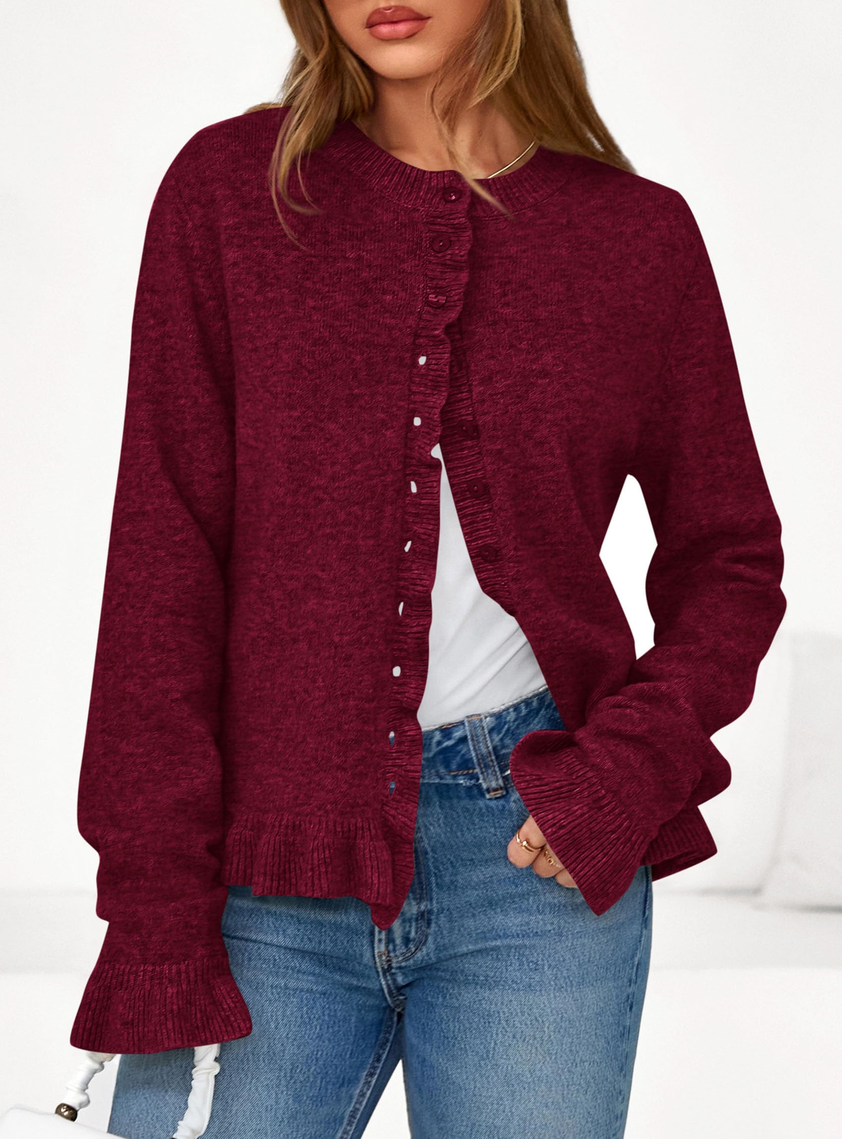 Womens Ruffle Button Down Cardigan Sweaters,Wine Red,S