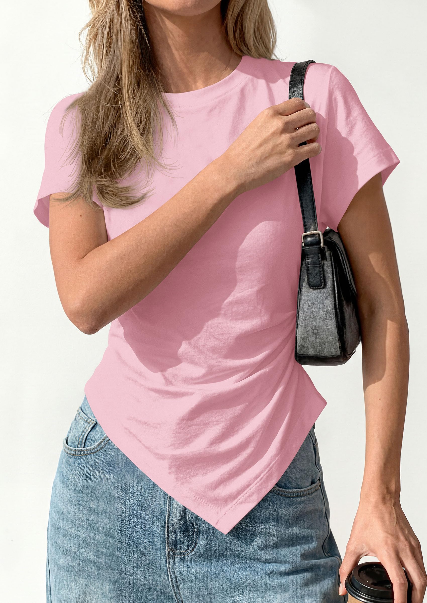Womens Asymmetrical Summer Short Sleeve Tops,Pink,XS