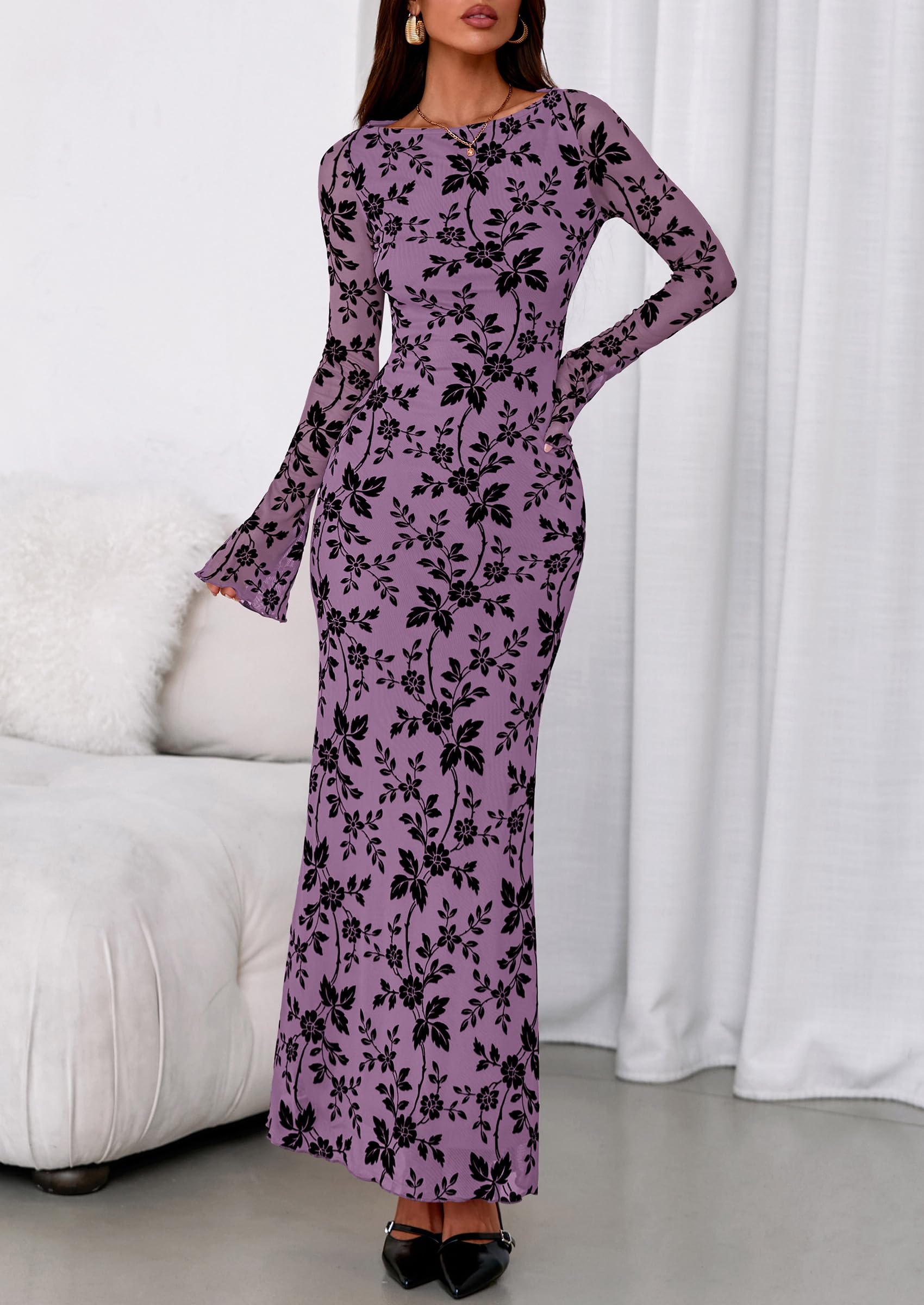 Women's Floral Bodycon Maxi Dress Wedding Guest Dresses Purple
