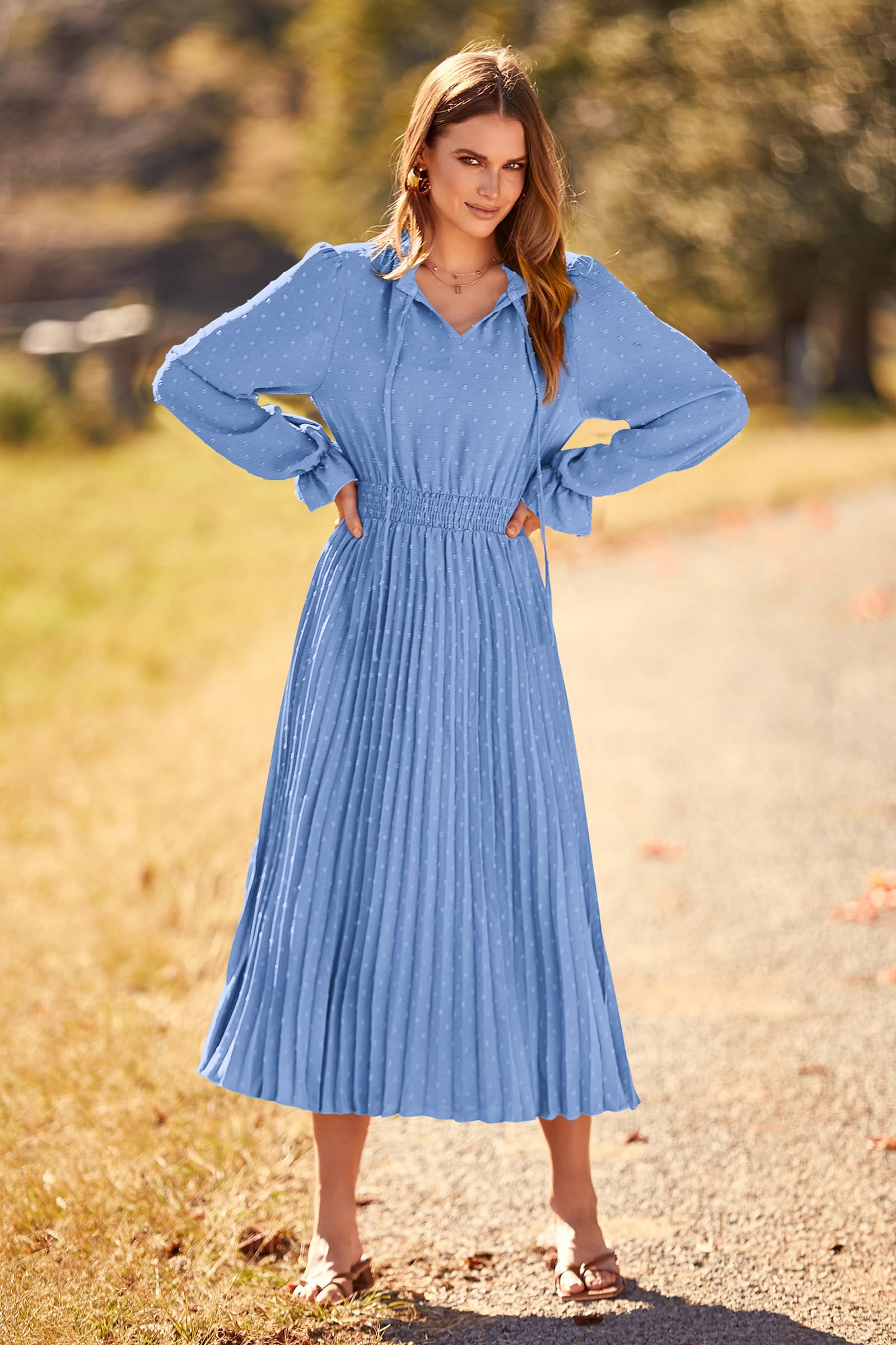 Women's Fall Midi Wedding Guest Dress(Light Blue,Large)