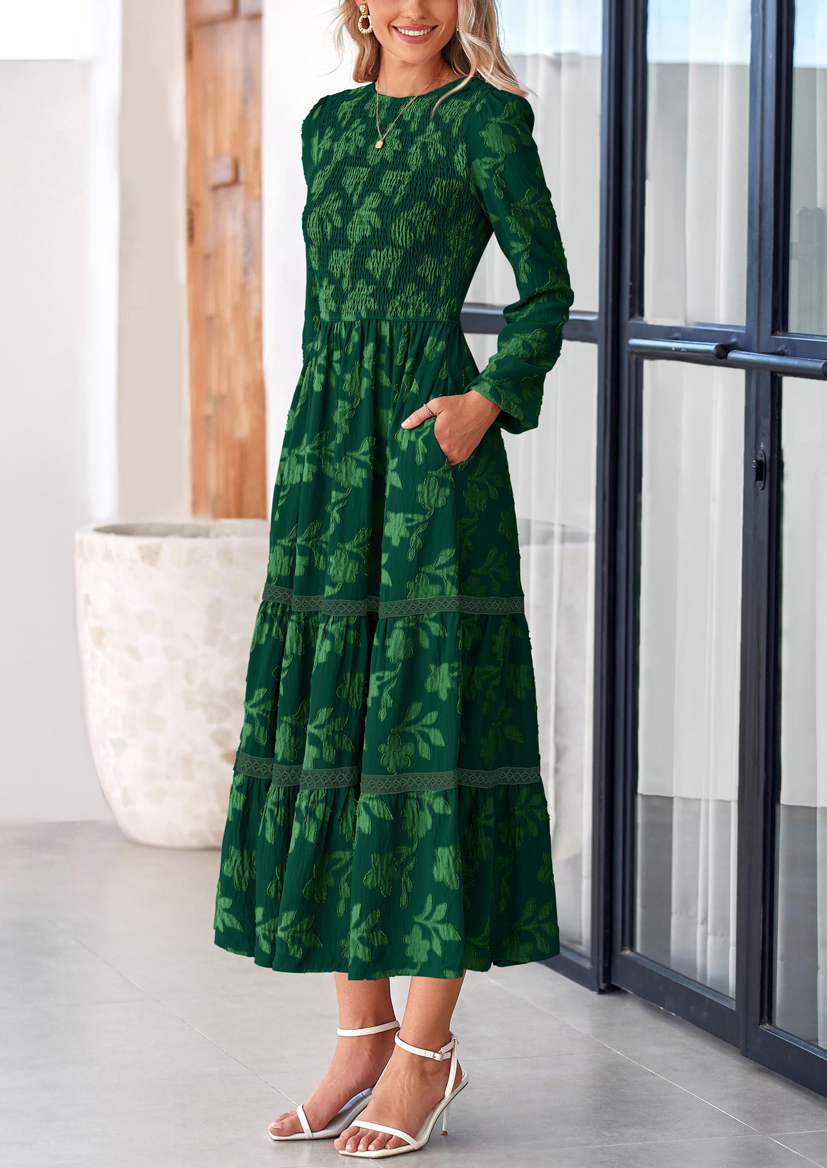 Women's Long Sleeve Boho Floral Midi Dress, Dark Green,S