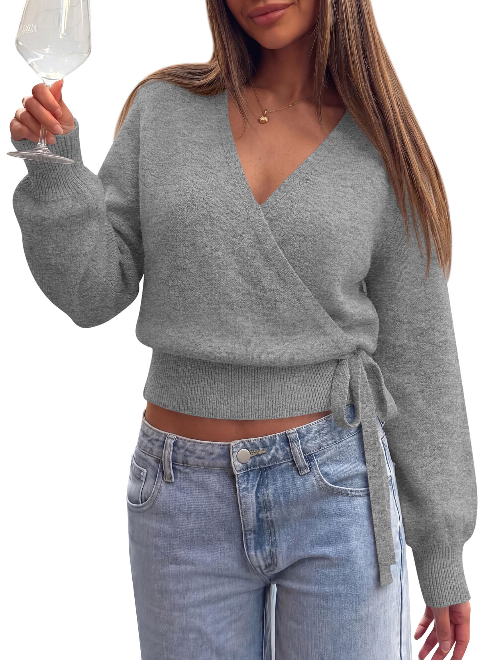 V Neck Wrap Sweaters for Women Fall Outifts Pullover Grey,S
