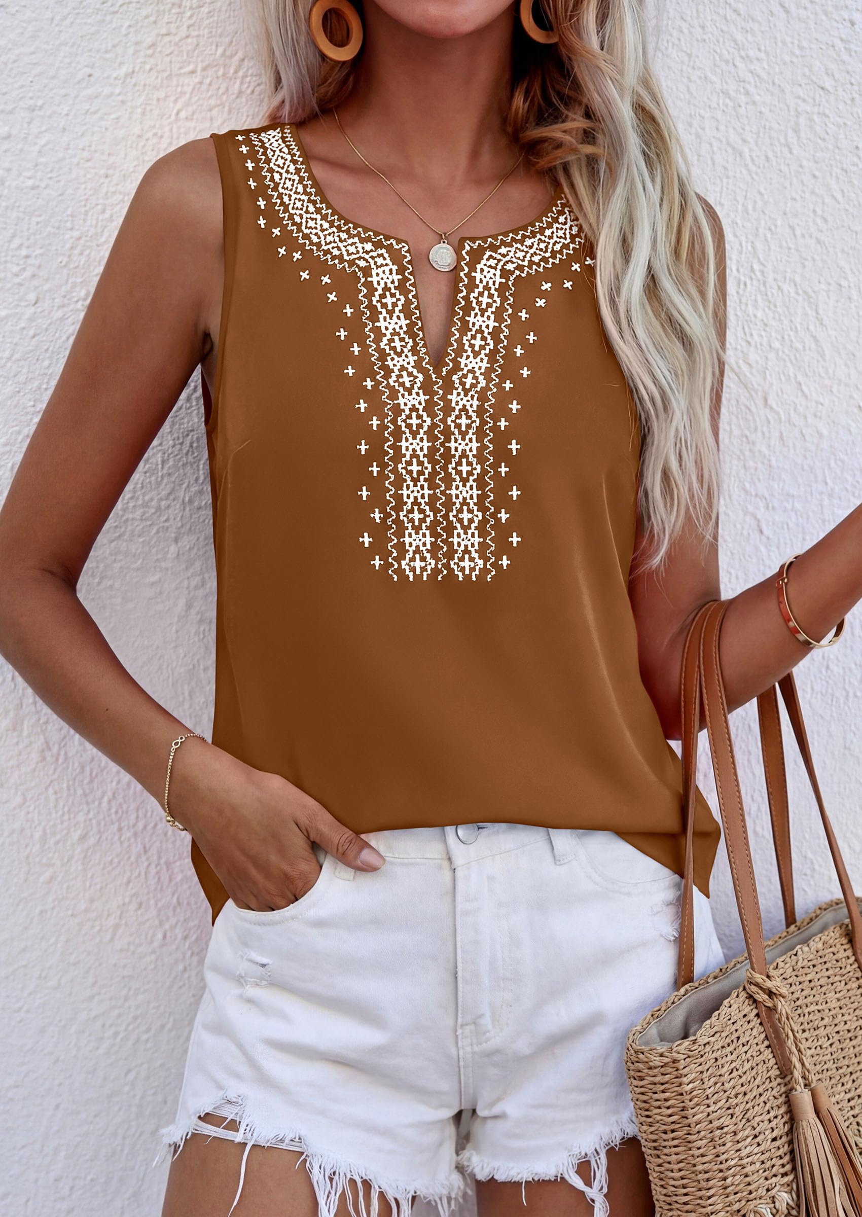 Womens Embroidered Sleeveless Tank Tops Khaki,S