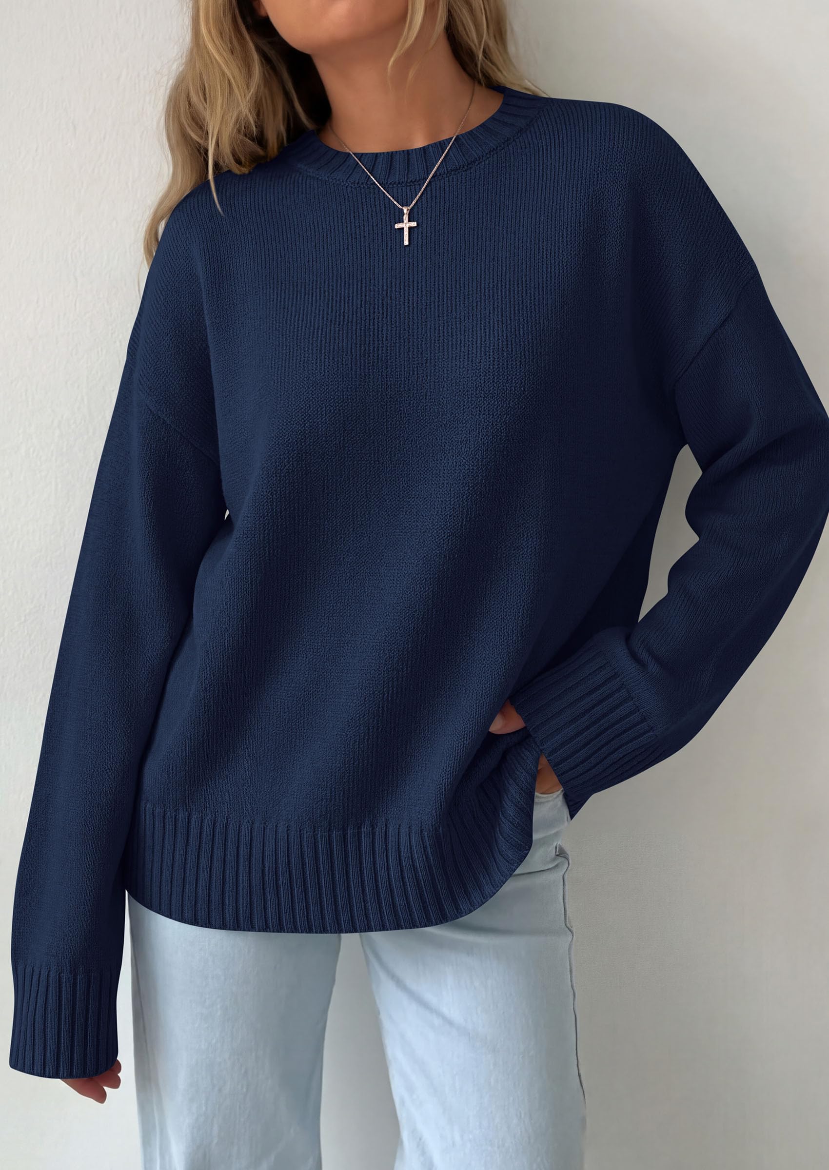Oversized Sweater Women's Crewneck Long Sleeve Tops Navy Blue