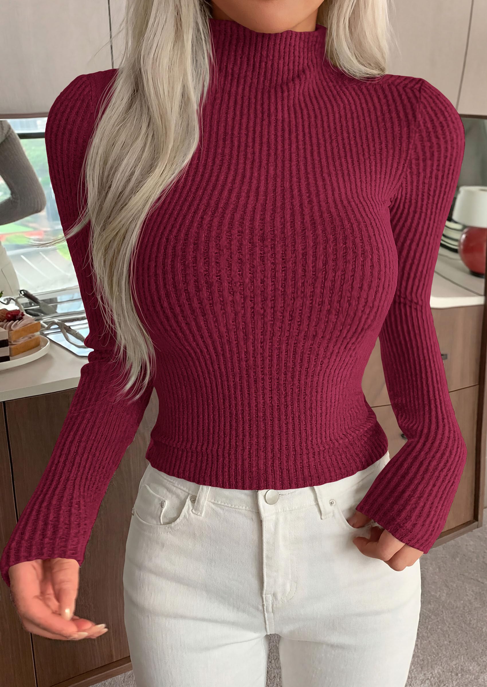 Long Sleeve Shirts for Women Fall Ribbed Mock Turtleneck Tops