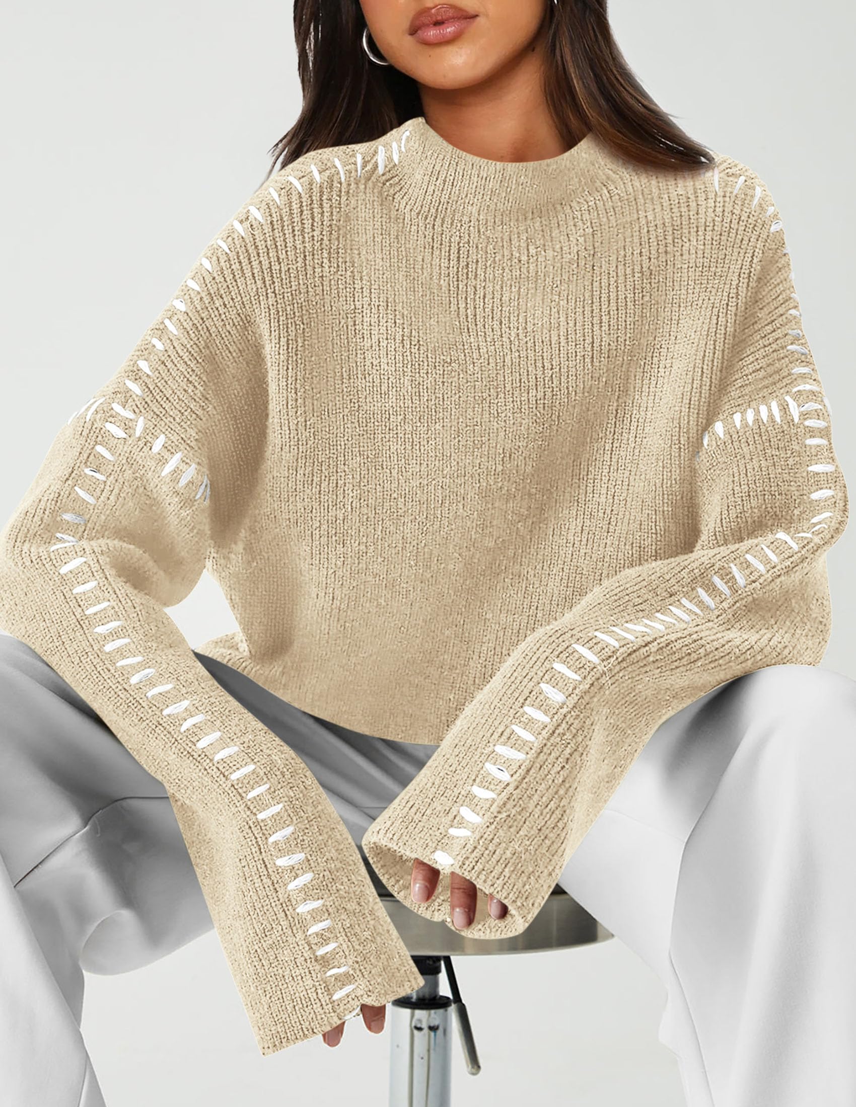 Womens Chunky Knit Oversized Pullover Sweaters,Apricot,S