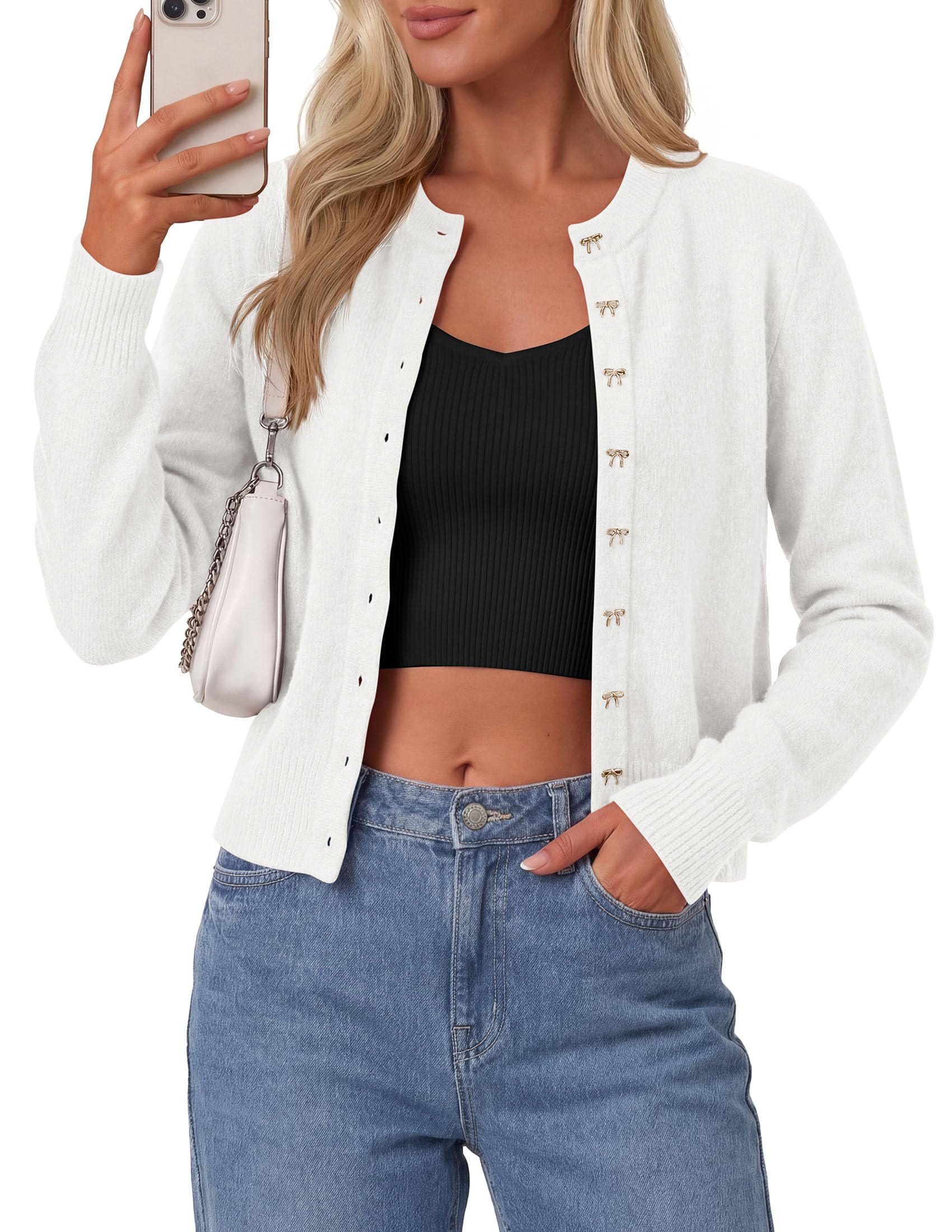 Cardigan Sweaters for Women Cropped Bow Button Up Cardigan