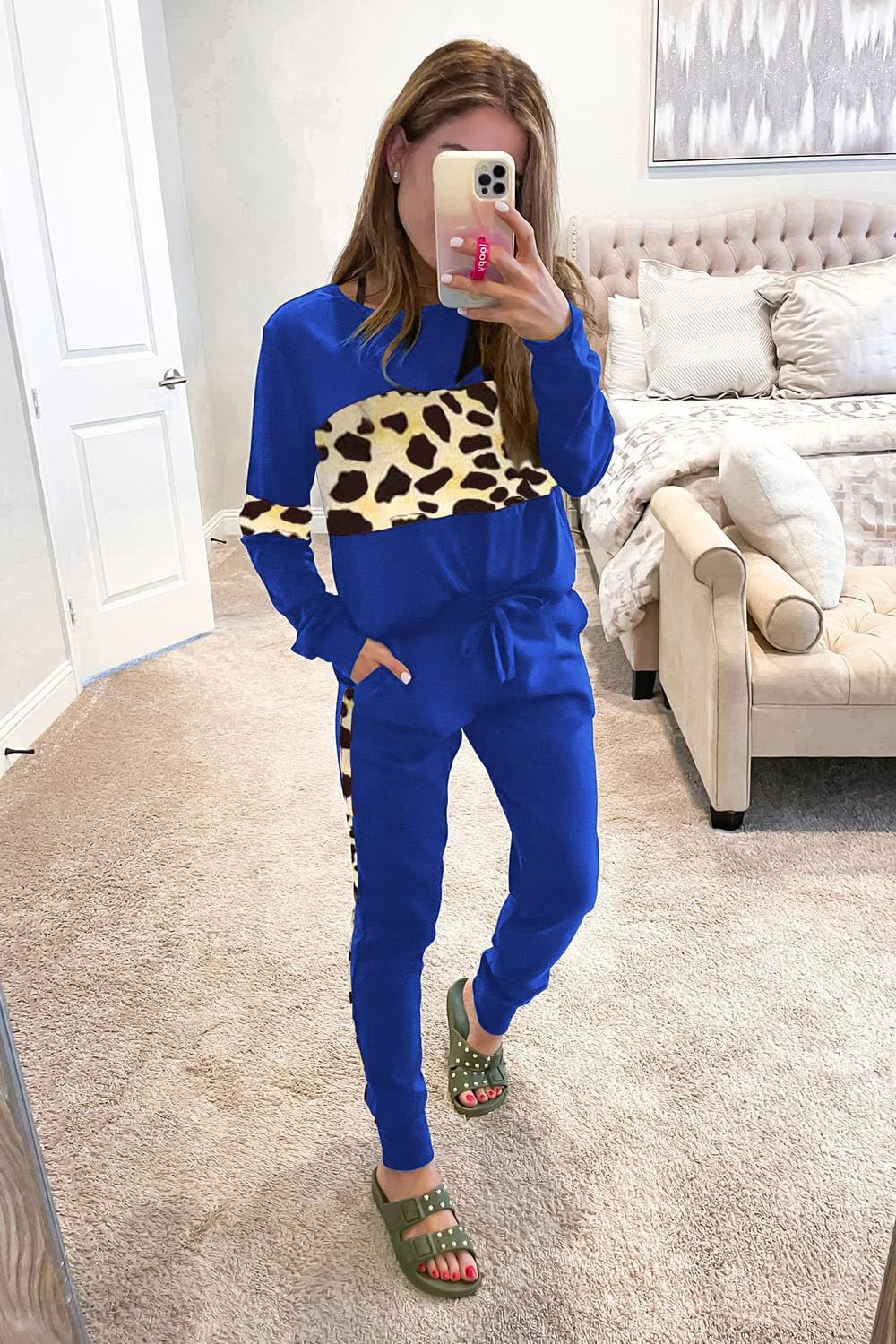 Women Color Block 2 Piece Sets Tracksuit,Leopard Blue,S
