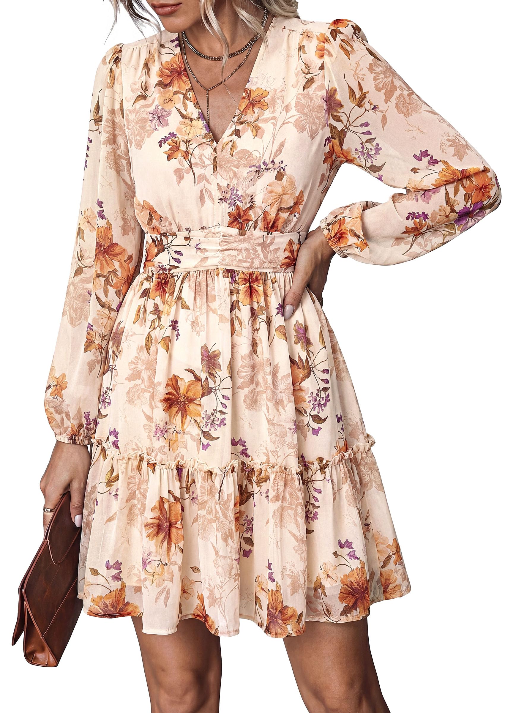 Women Floral Long Sleeve Mini Dress Fall Wedding Guest Dresses