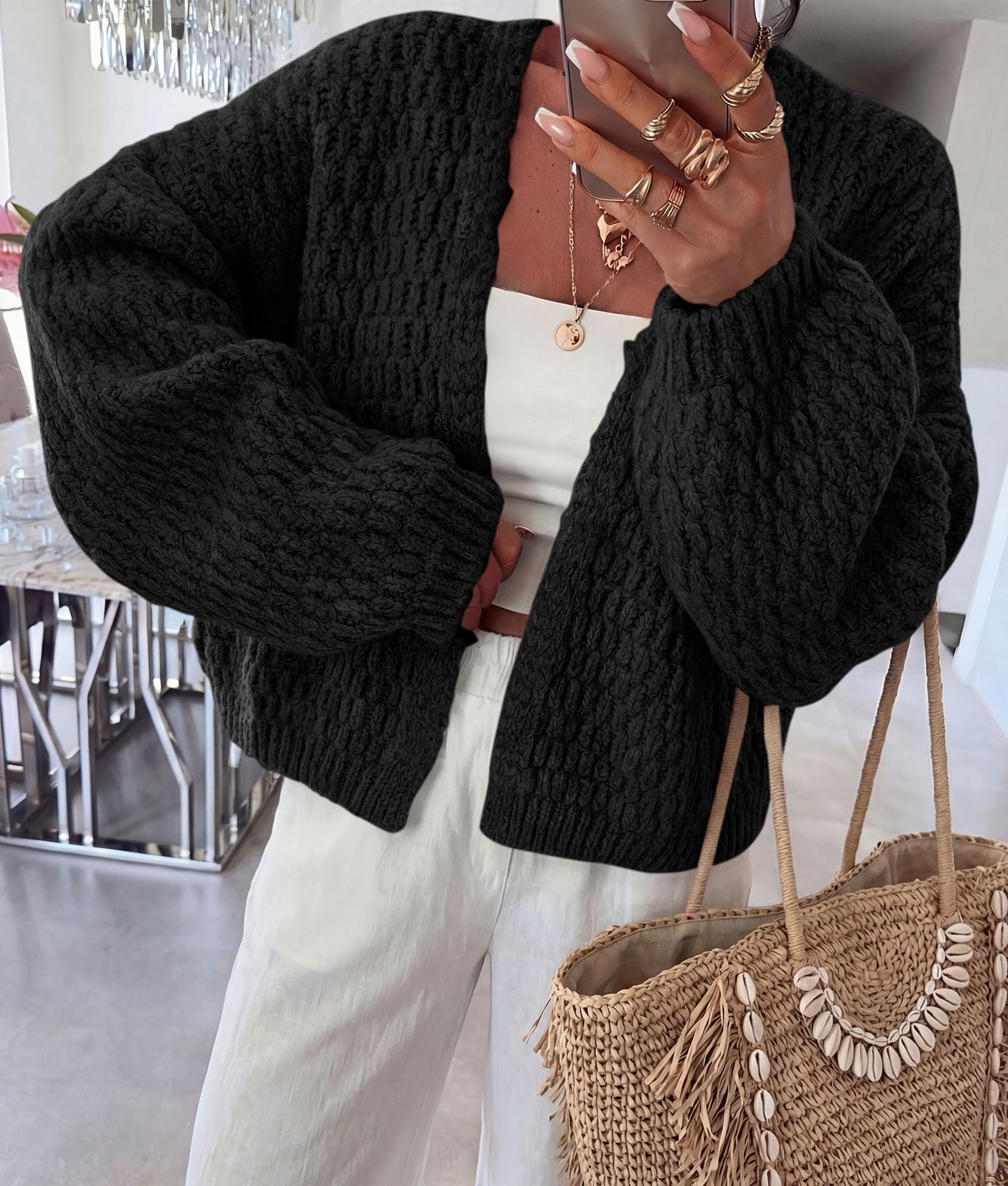 Women's Fall Cardigan Open Front Chunky Sweaters Black S